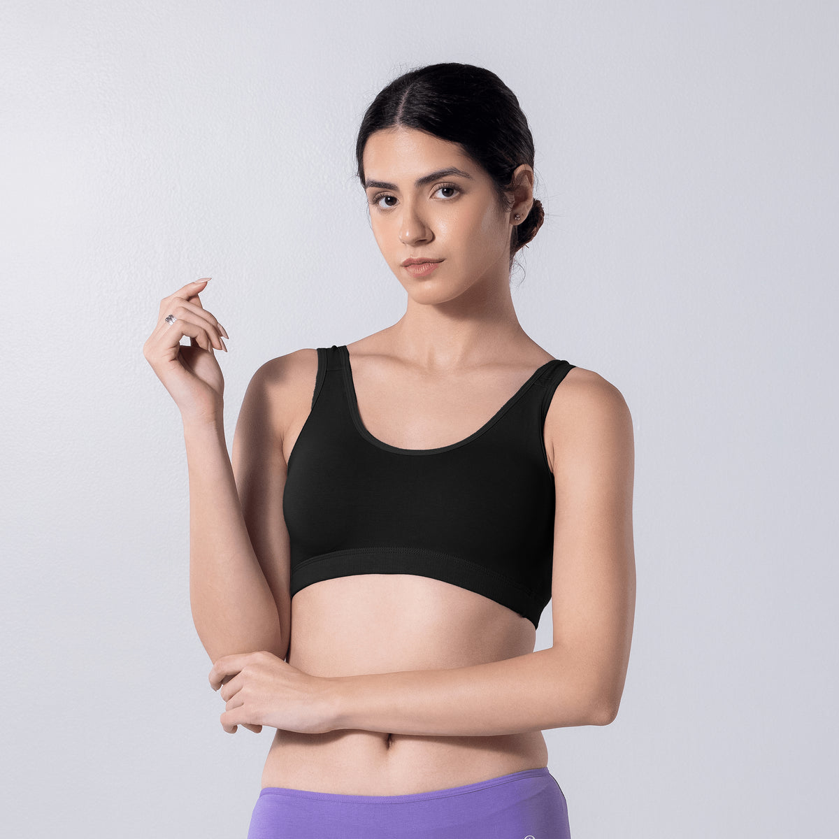 LadyO Cool Active Bra in Black, front view worn by model.