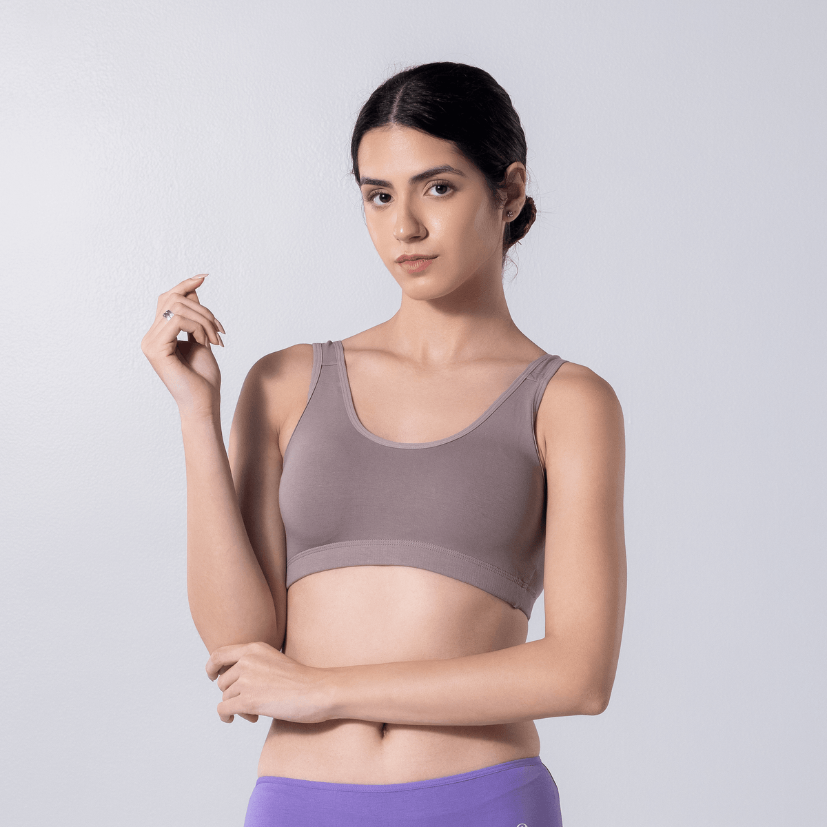 LadyO Cool Active Bra in Grey, front view worn by model.