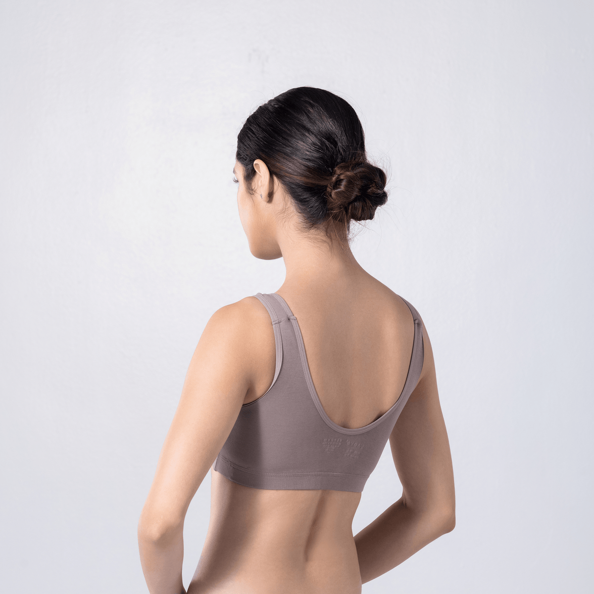 LadyO Cool Active Bra in Grey, three-quarter back view worn by model.