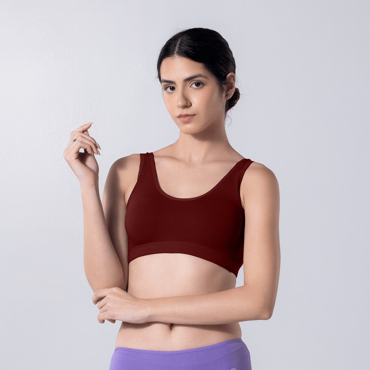LadyO Cool Active Bra in Maroon, front view worn by model.