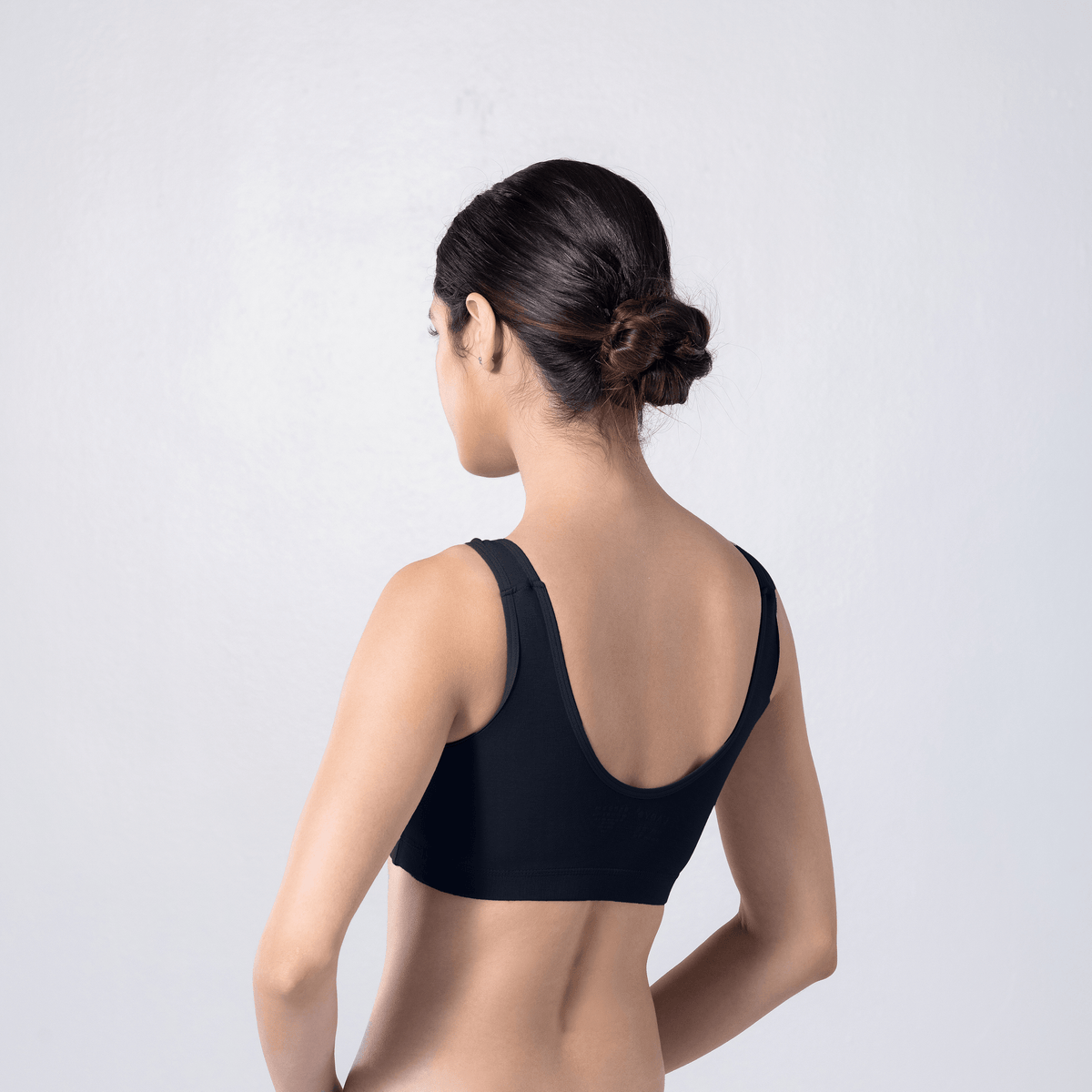 LadyO Cool Active Bra in Navy, three-quarter back view worn by model.