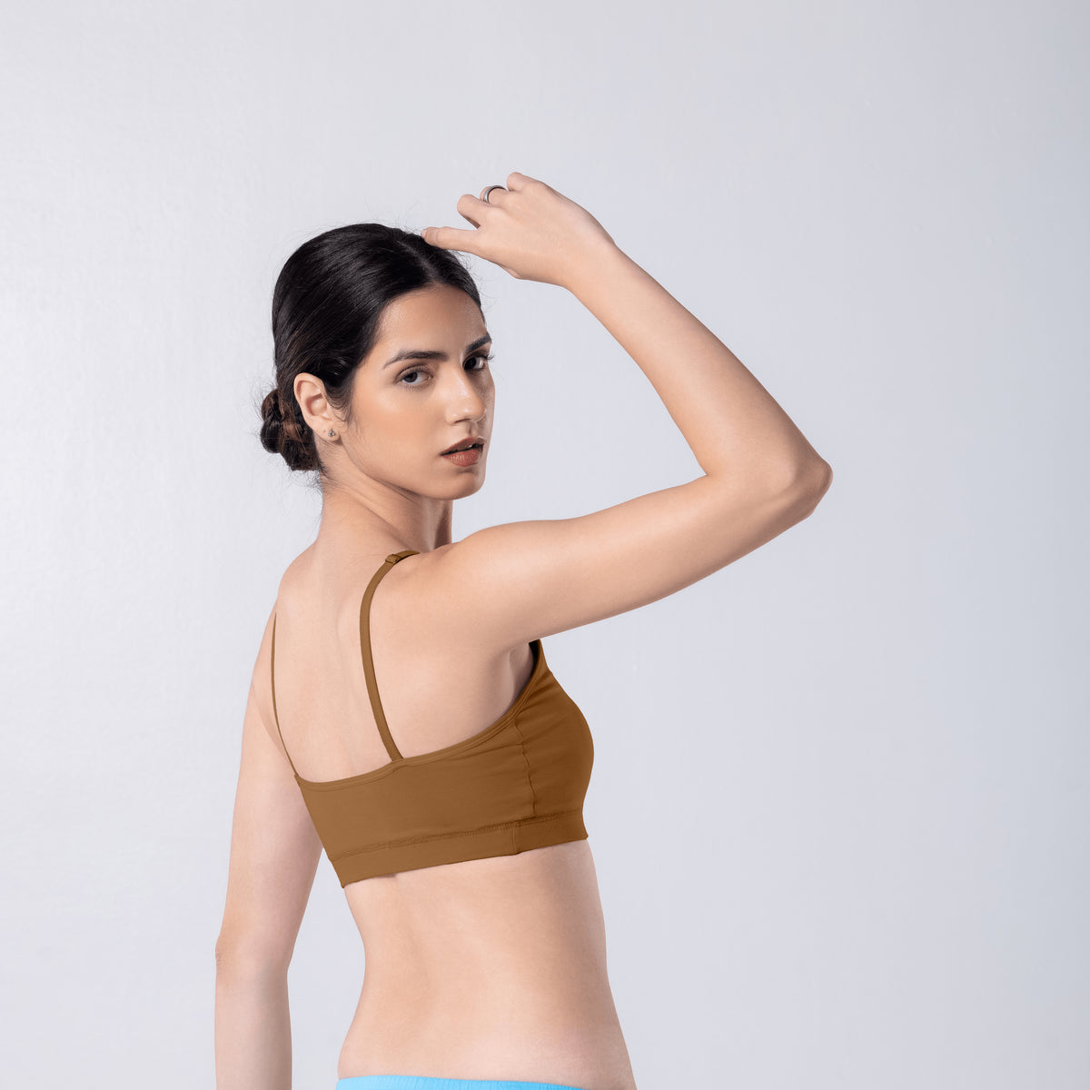 Feel Active Bra in Honey, side view worn by model.
