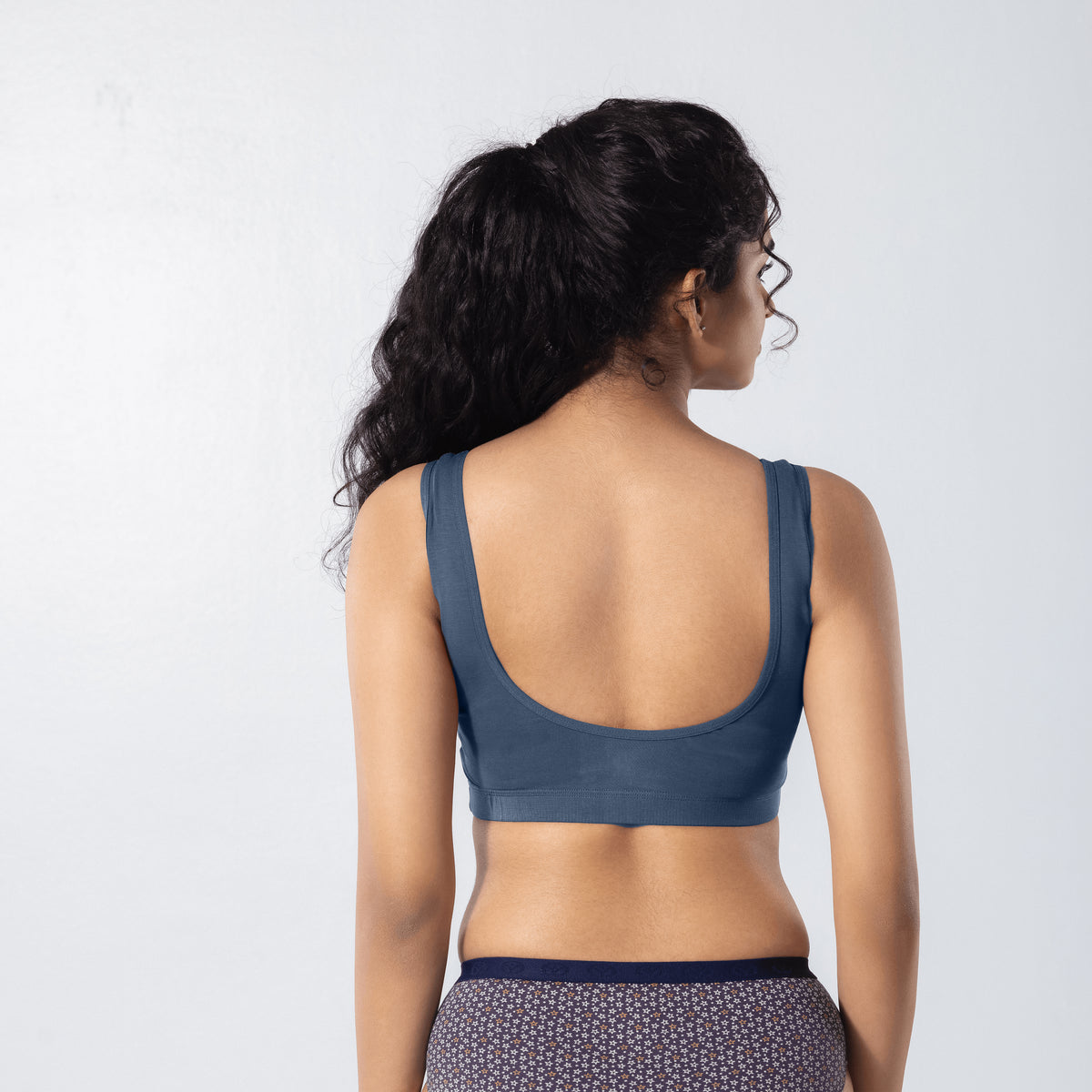 U-Back (N) Active Bra in Steel Grey, back view worn by model.
