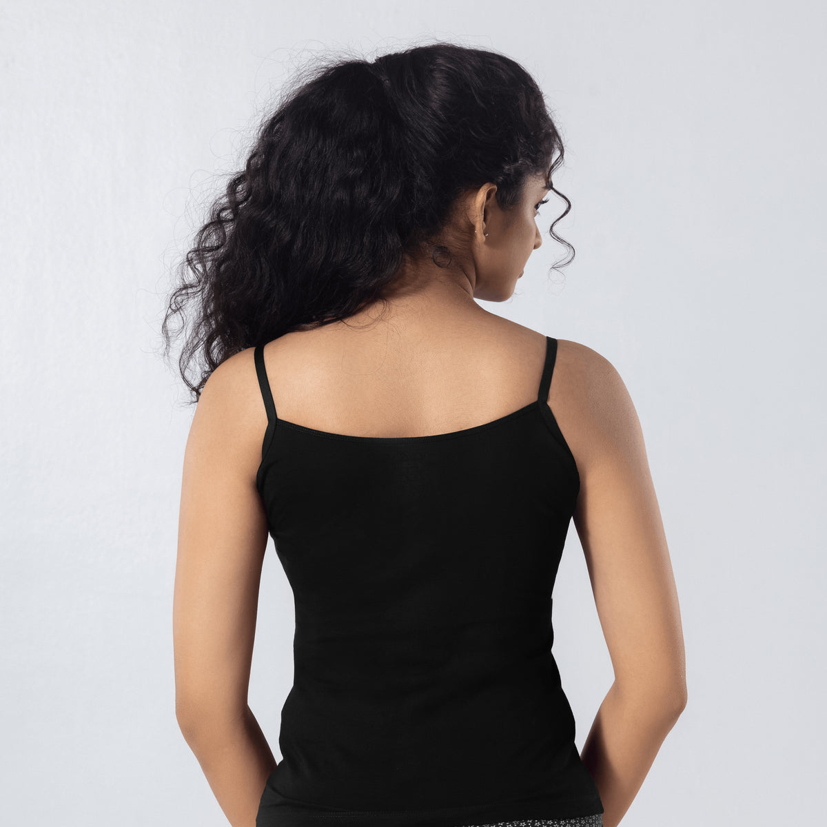 LadyO Alexa-H Half Length Slip in Black, back view worn by model.