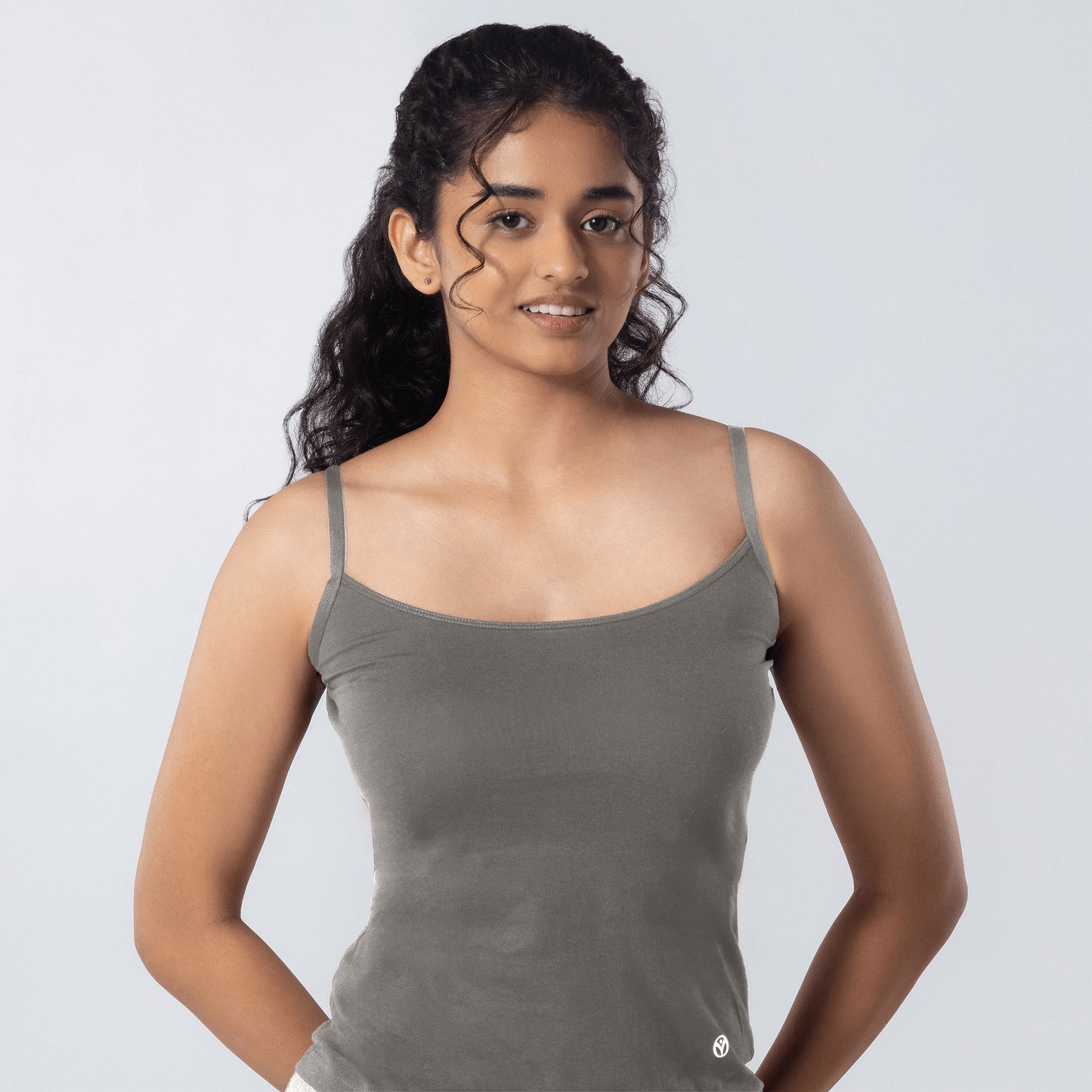 LadyO Alexa-H Half Length Slip in grey, front back view worn by model.