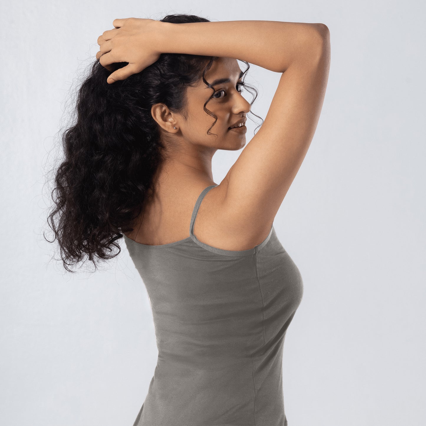 LadyO Alexa-H Half Length Slip in grey, three-quarter back view worn by model.