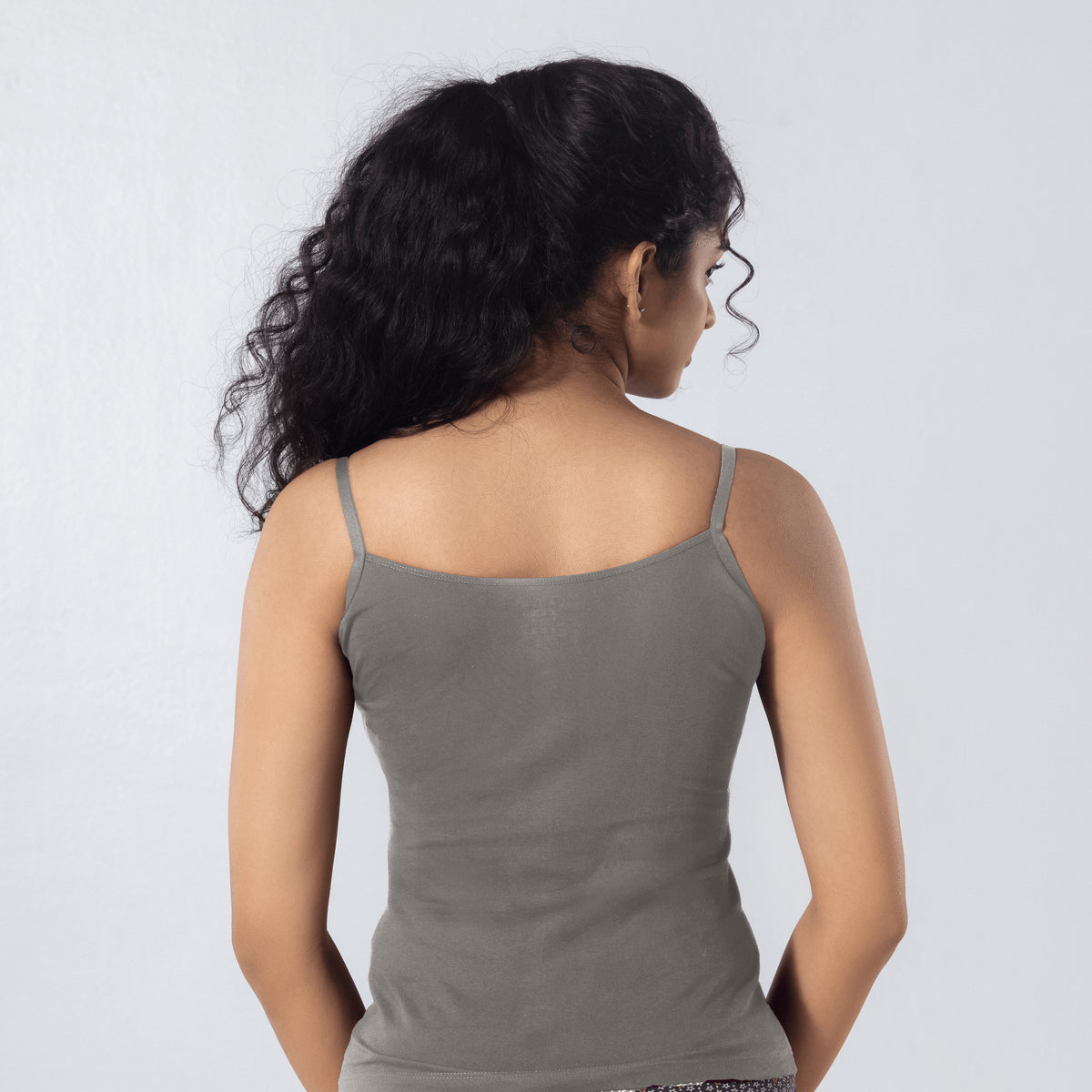 LadyO Alexa-H Half Length Slip in grey, back view worn by model.