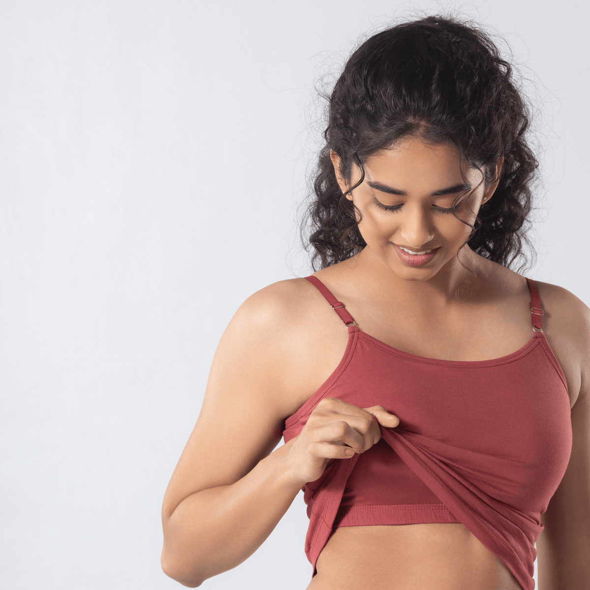 LadyO Alice Cami-Bra in Copper, detail view worn by model.