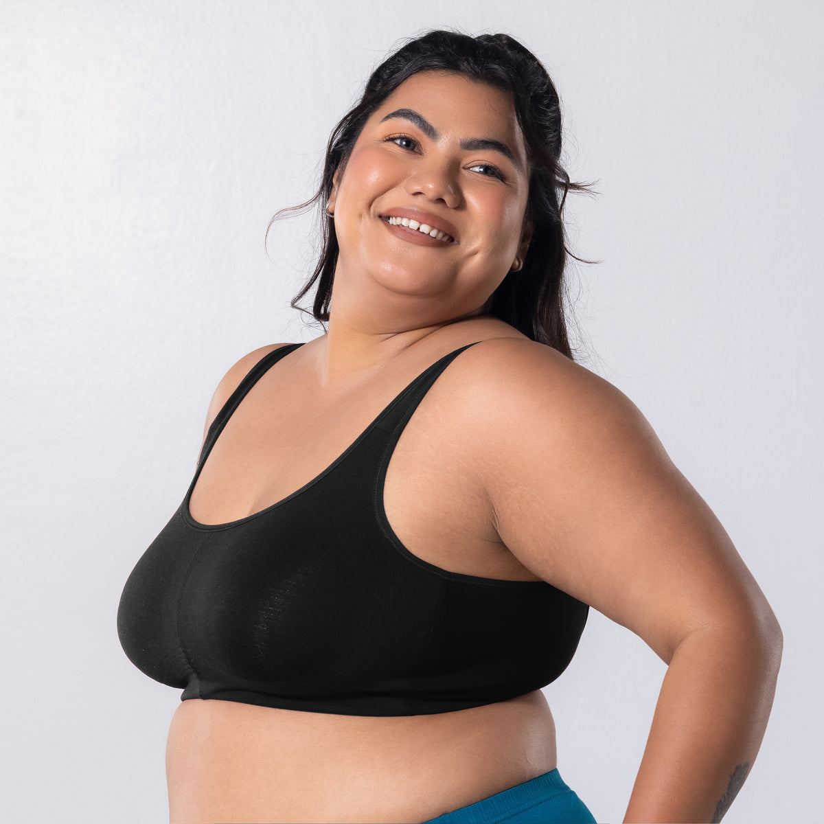 LadyO Jasmine Everyday Bra in Black, side view worn by model.