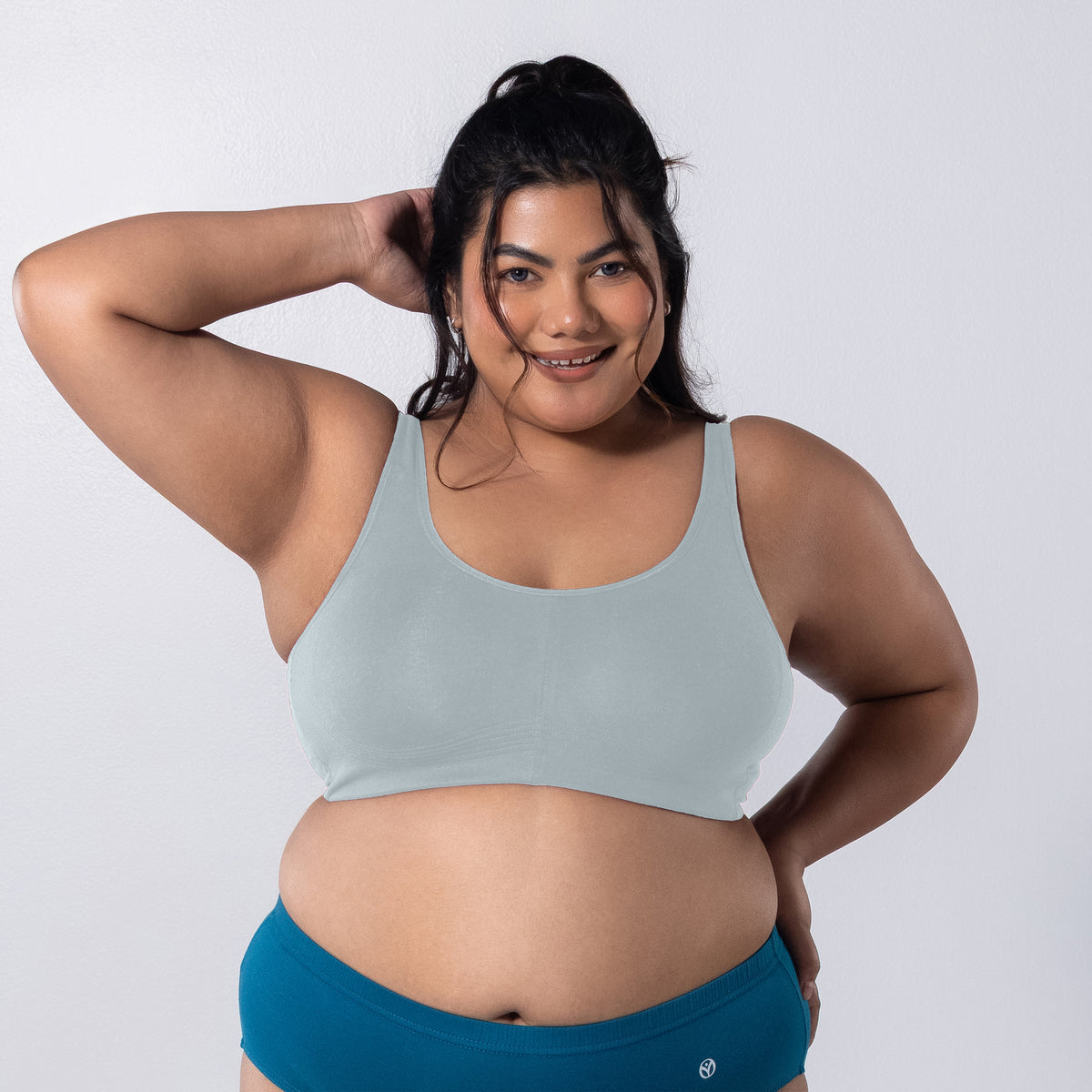 LadyO Jasmine Everyday Bra in Grey, front view worn by model.