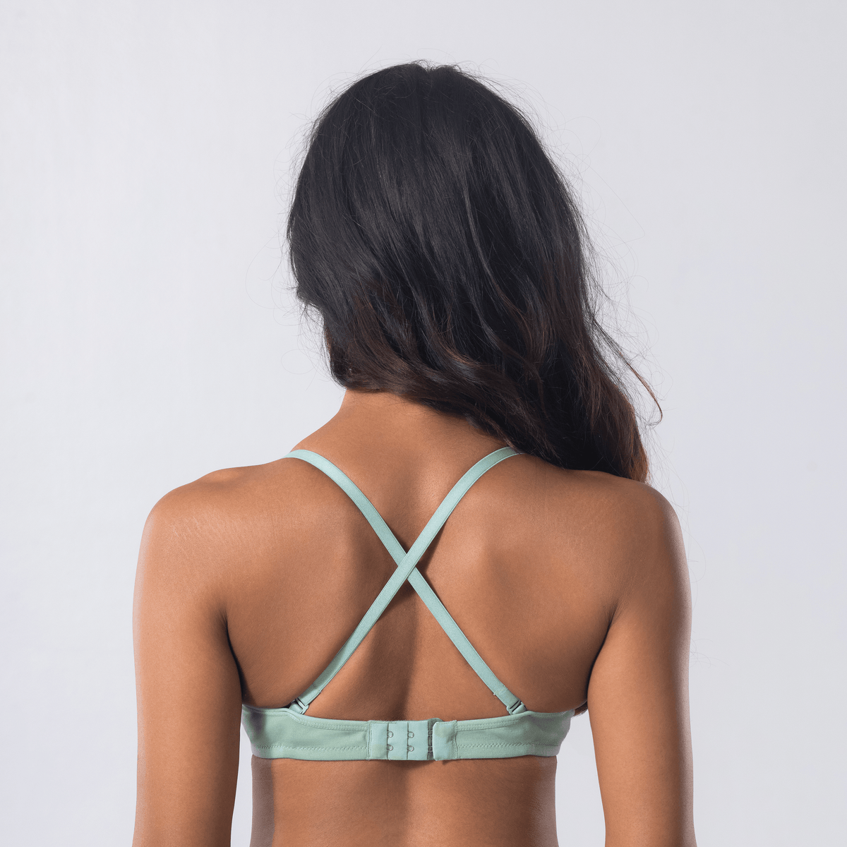 Melody T-Shirt Bra in Aqua Green, X-back view worn by model.