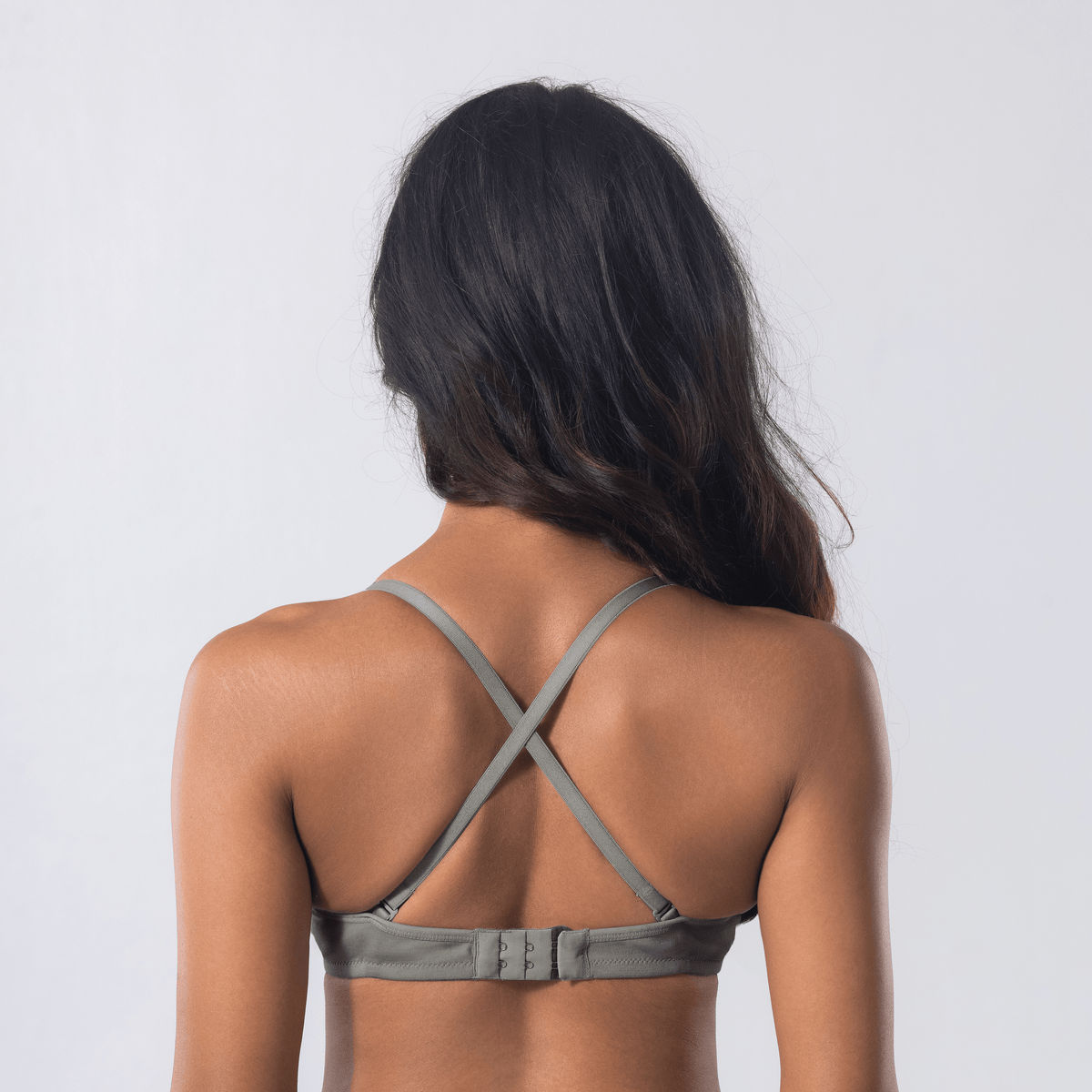 Melody T-Shirt Bra in grey, X-back view worn by model.