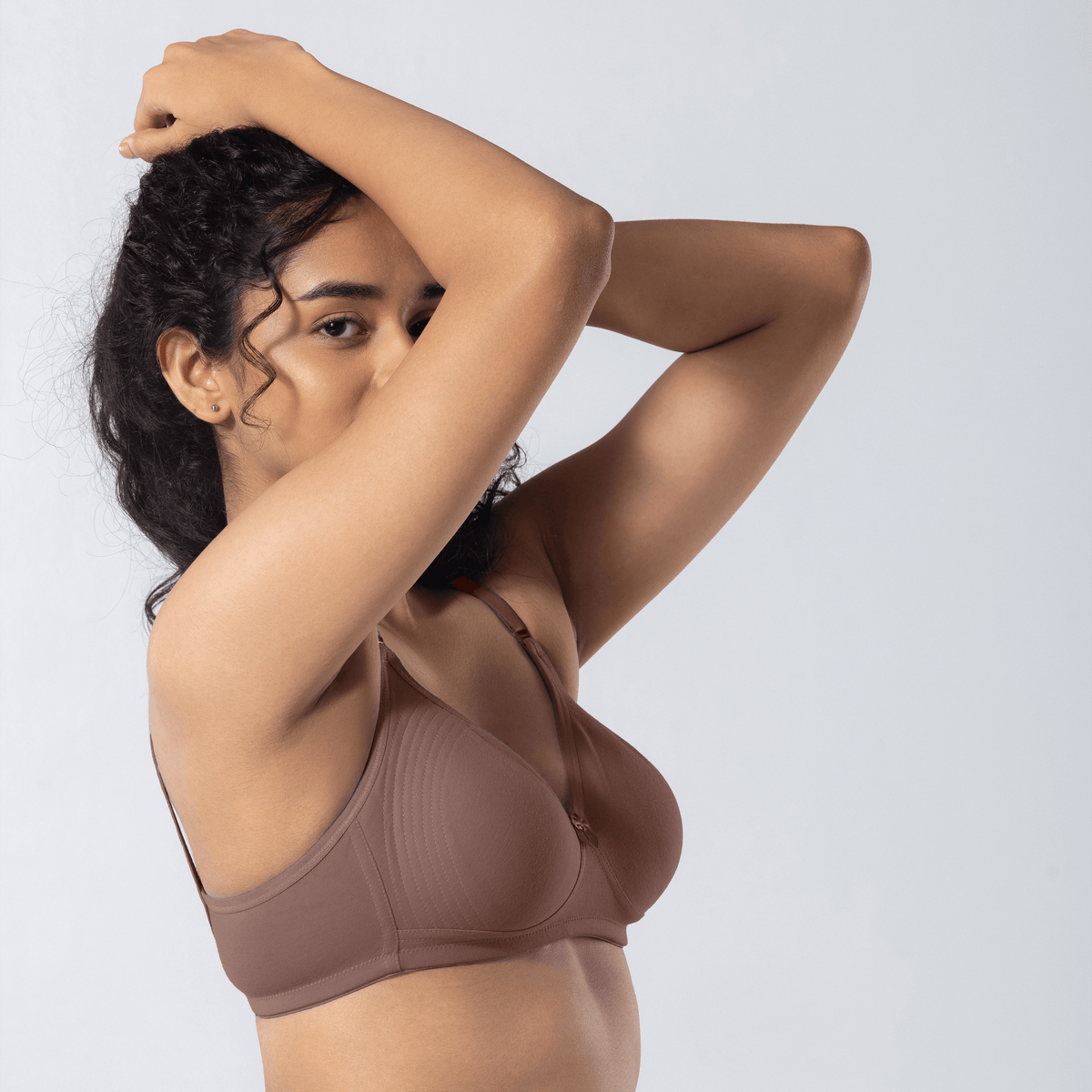 Emika-C Plus Bra in Cadbury, detailed shot worn by model.
