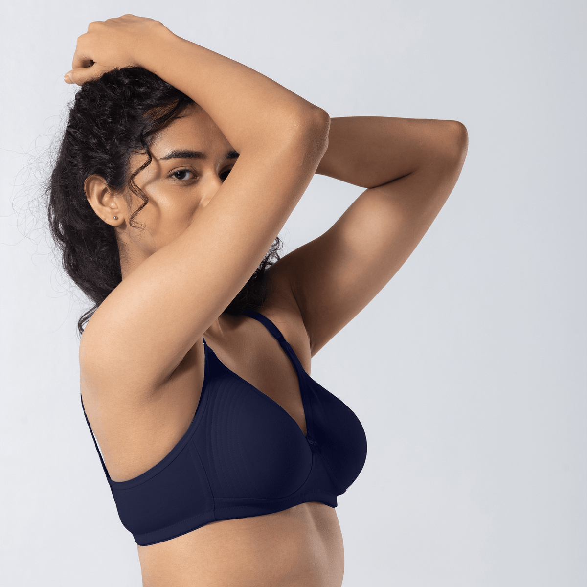 Emika-C Plus Bra in Navy, detailed shot worn by model.