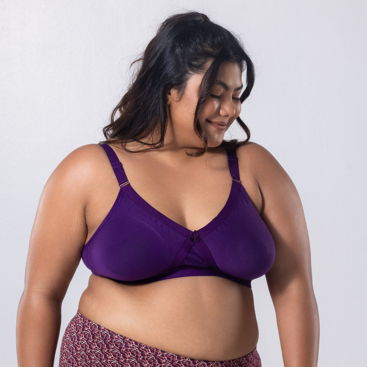 Gem-C Plus Size Bra in Purple right side-front view worn by model