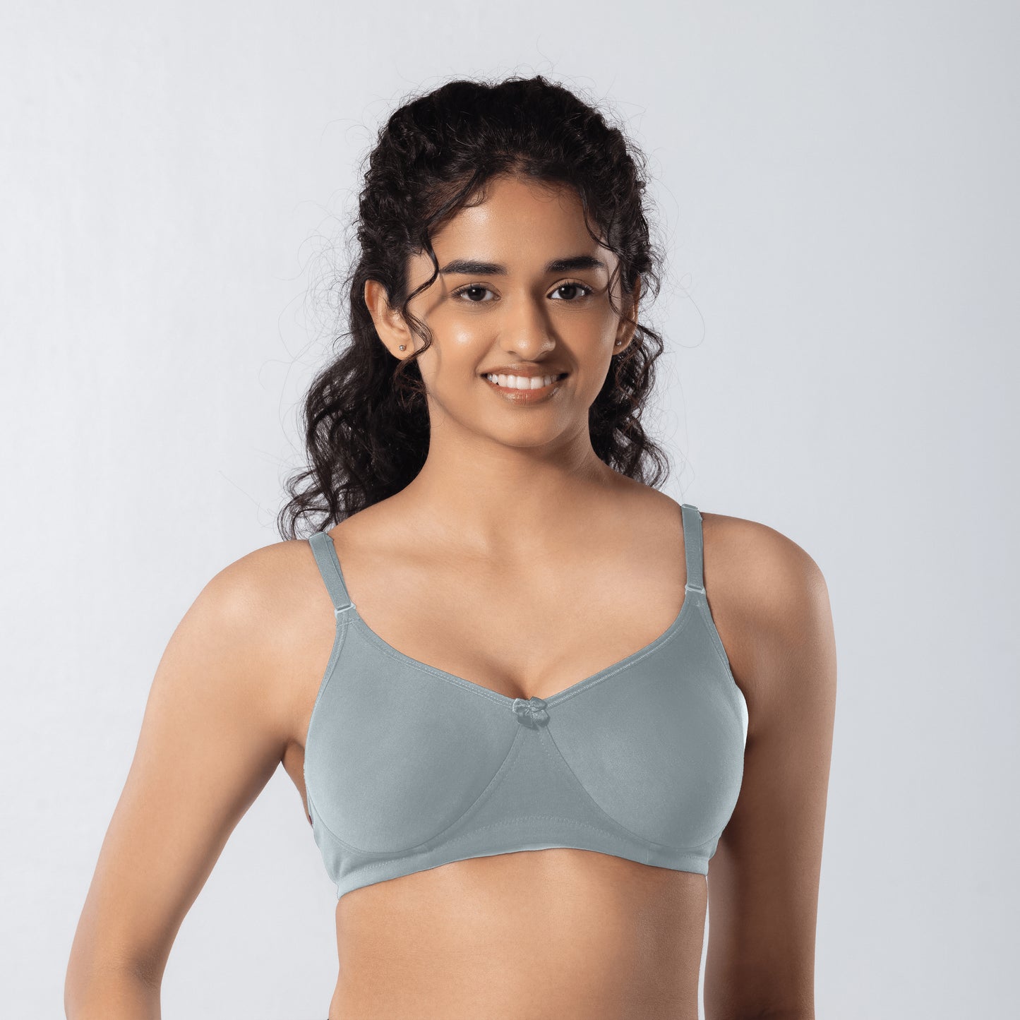 Mabel Soft Padded Bra in Grey front view worn by model.