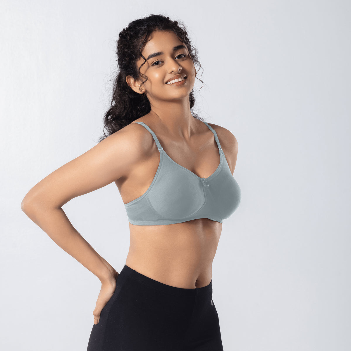 Mabel Soft Padded Bra in Grey side-front view worn by model.