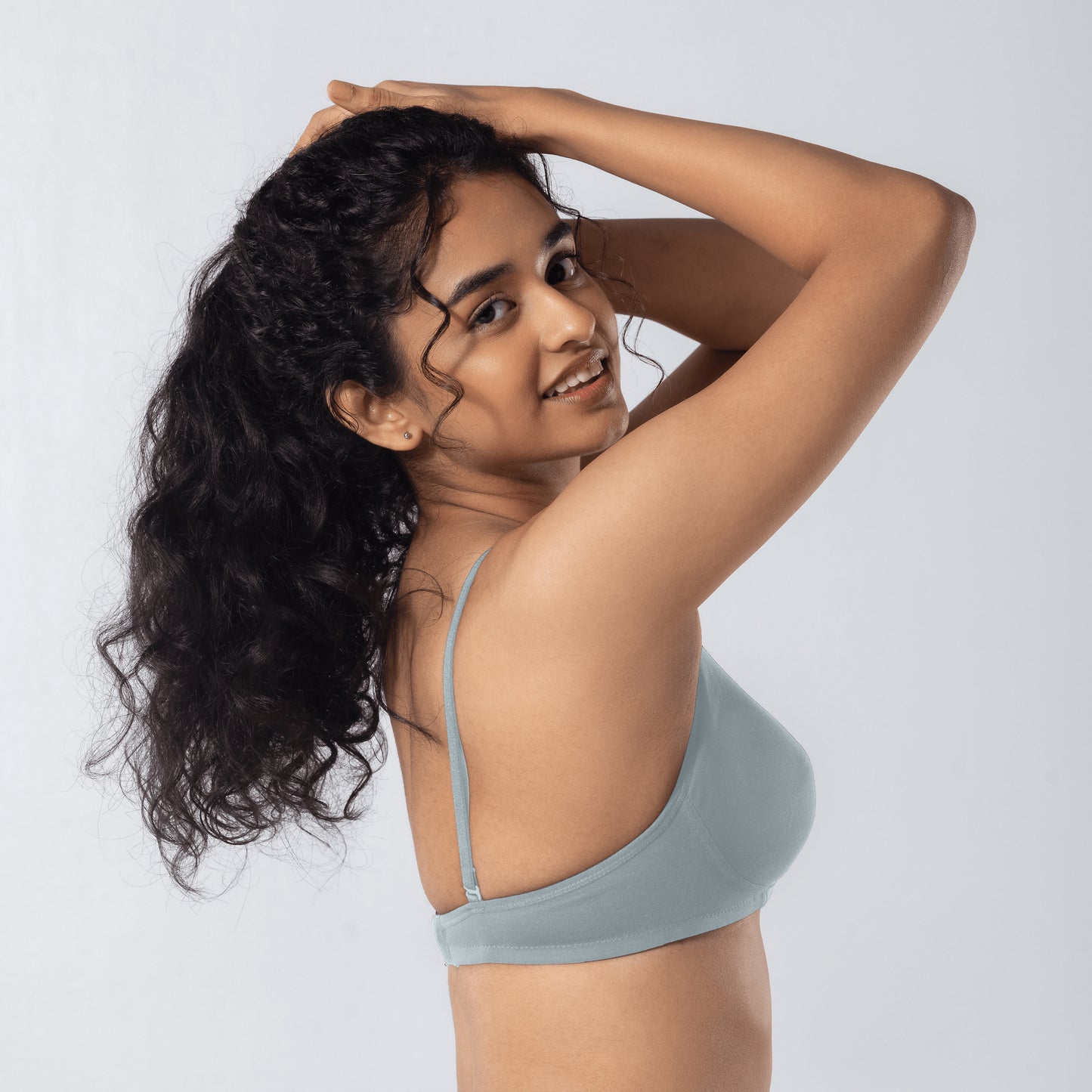 Mabel Soft Padded Bra in Grey side-back view worn by model.
