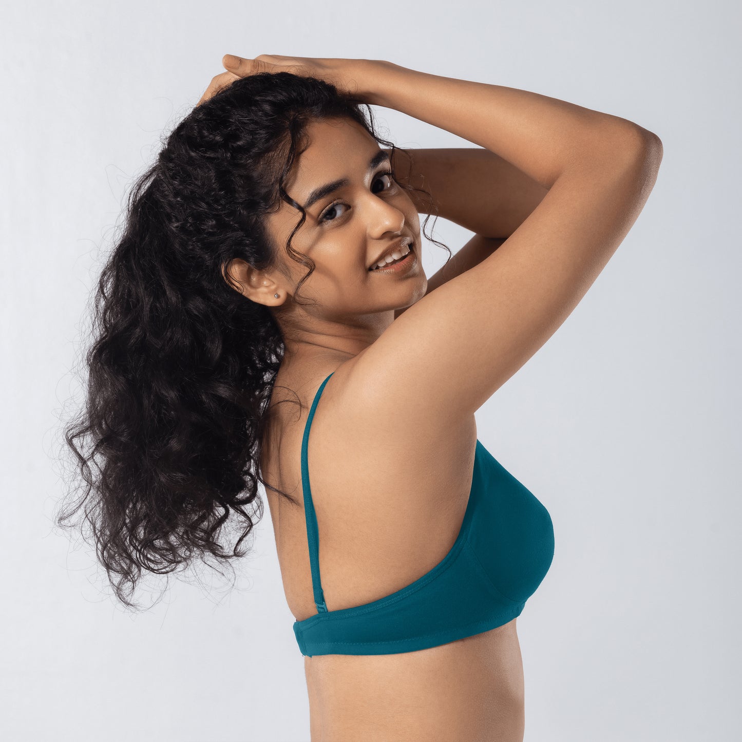 Mabel Soft Padded Bra in Misty blue side-back view worn by model.