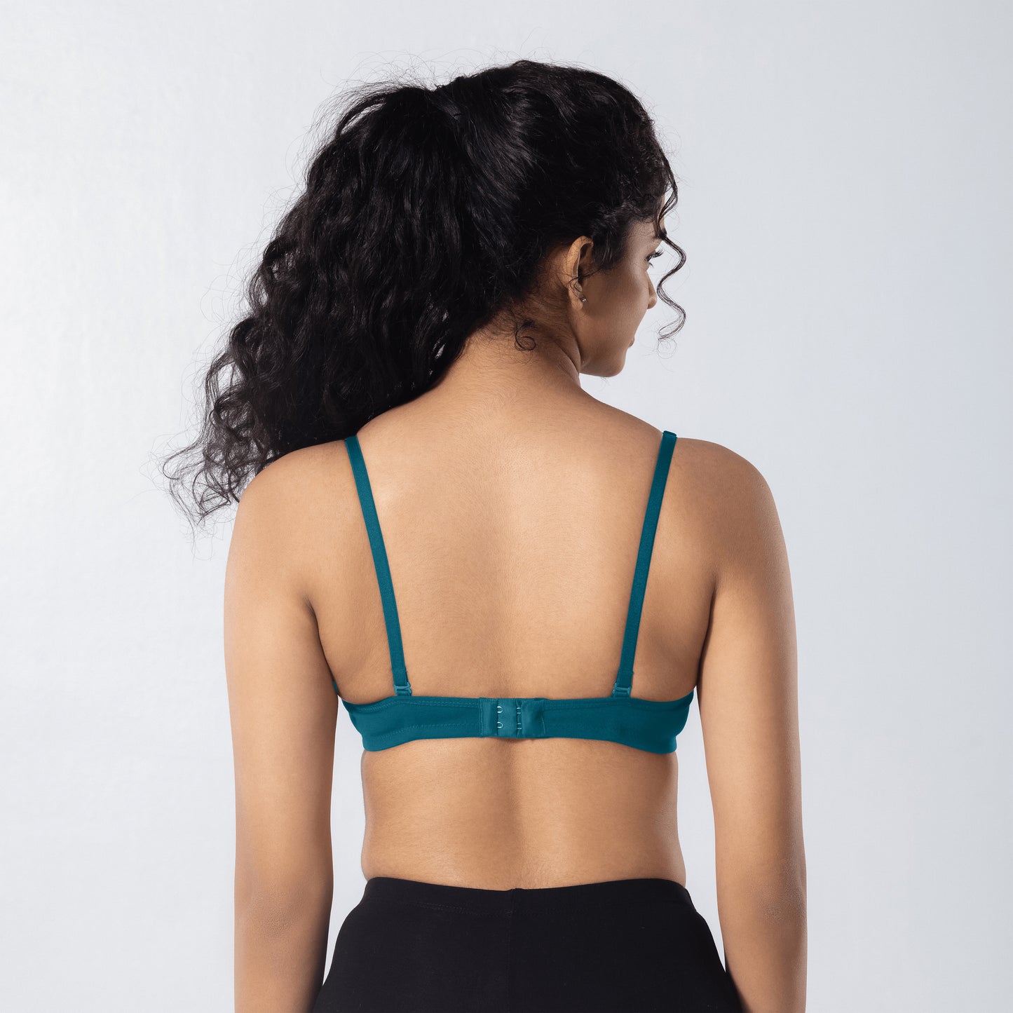 Mabel Soft Padded Bra in Misty blue back view worn by model.