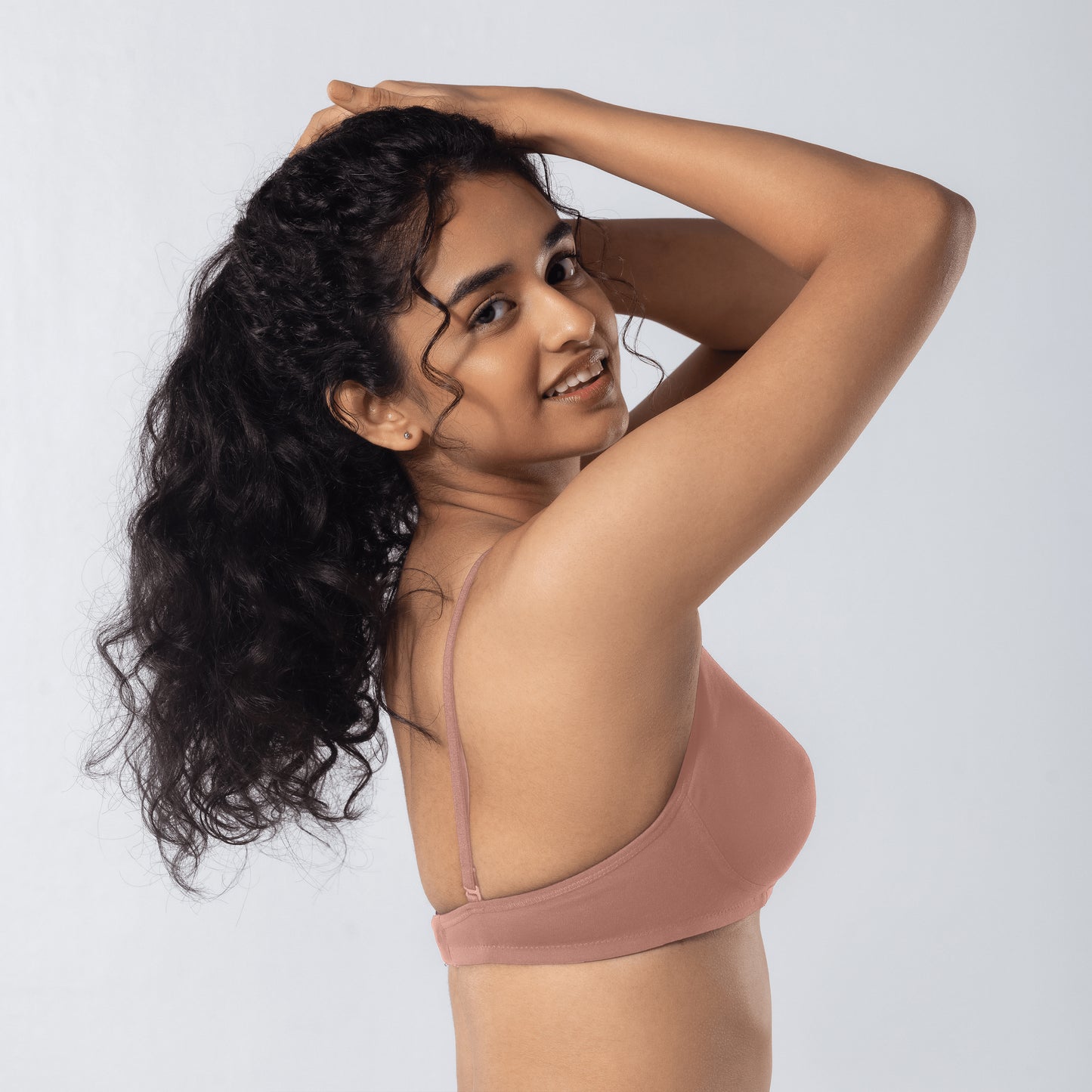 Mabel Soft Padded Bra in Misty Rose side-back view worn by model.