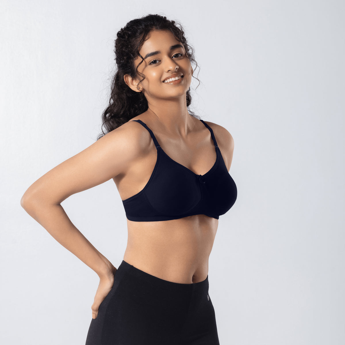 Mabel Soft Padded Bra in Navy side-front view worn by model.