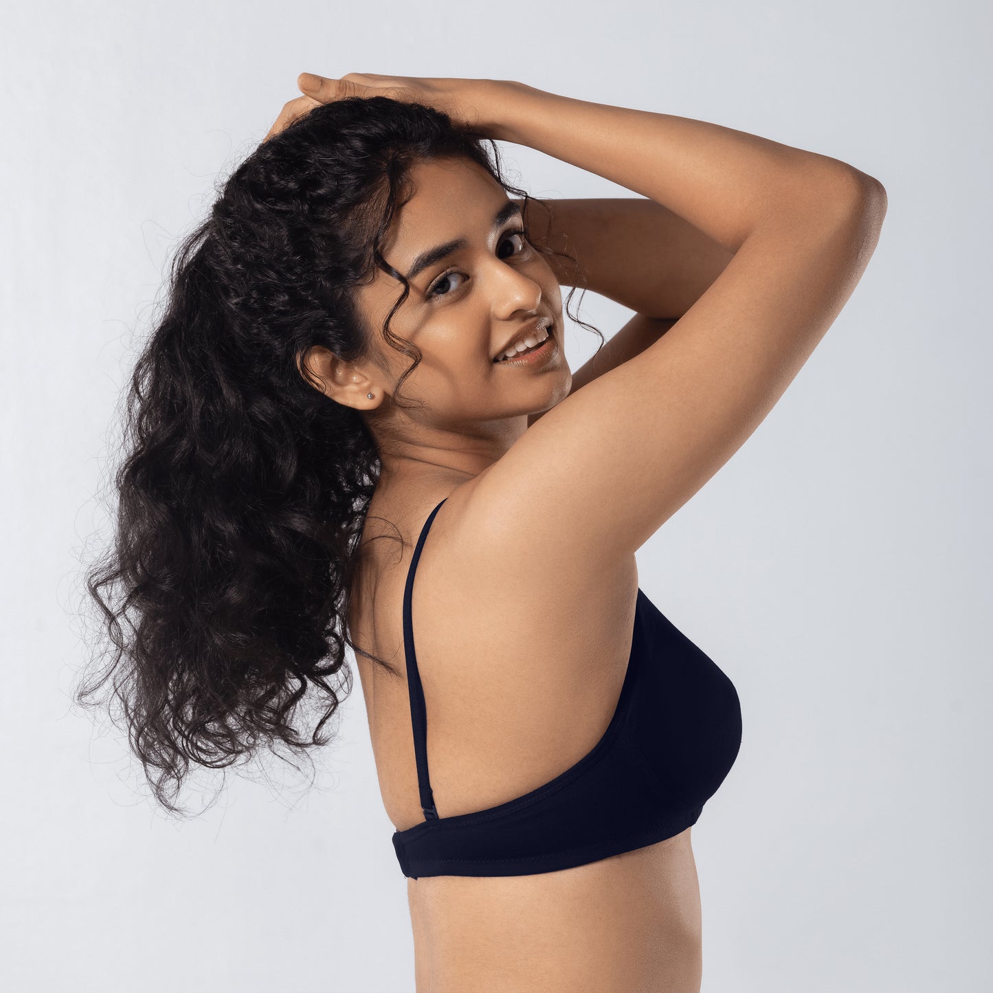 Mabel Soft Padded Bra in Navy side-back view worn by model.