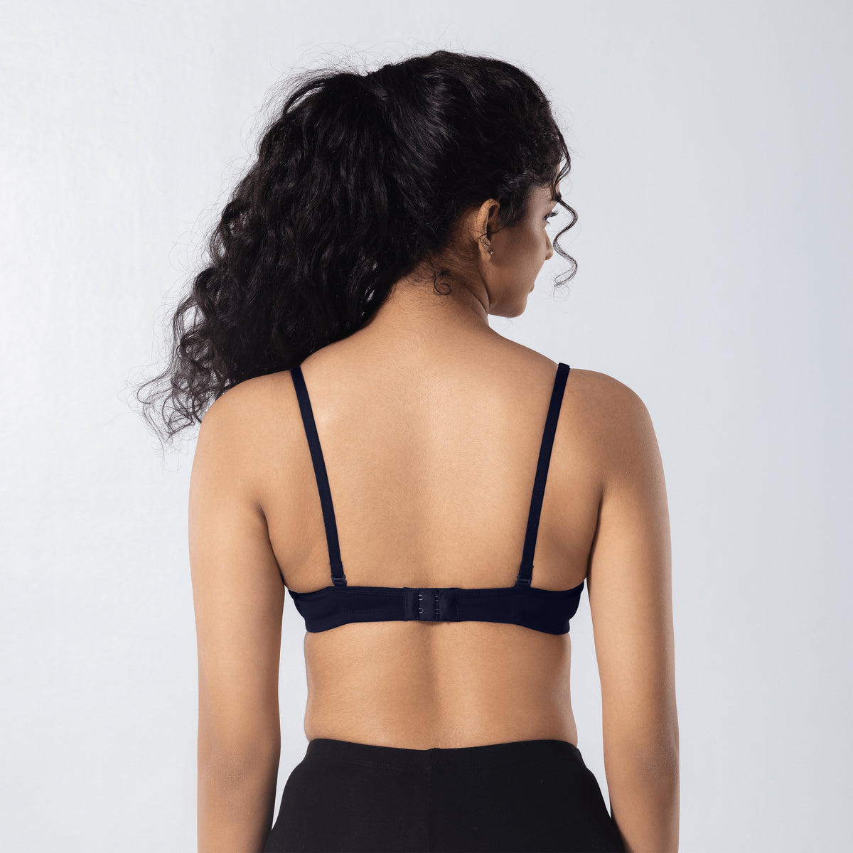 Mabel Soft Padded Bra in Navy back view worn by model.