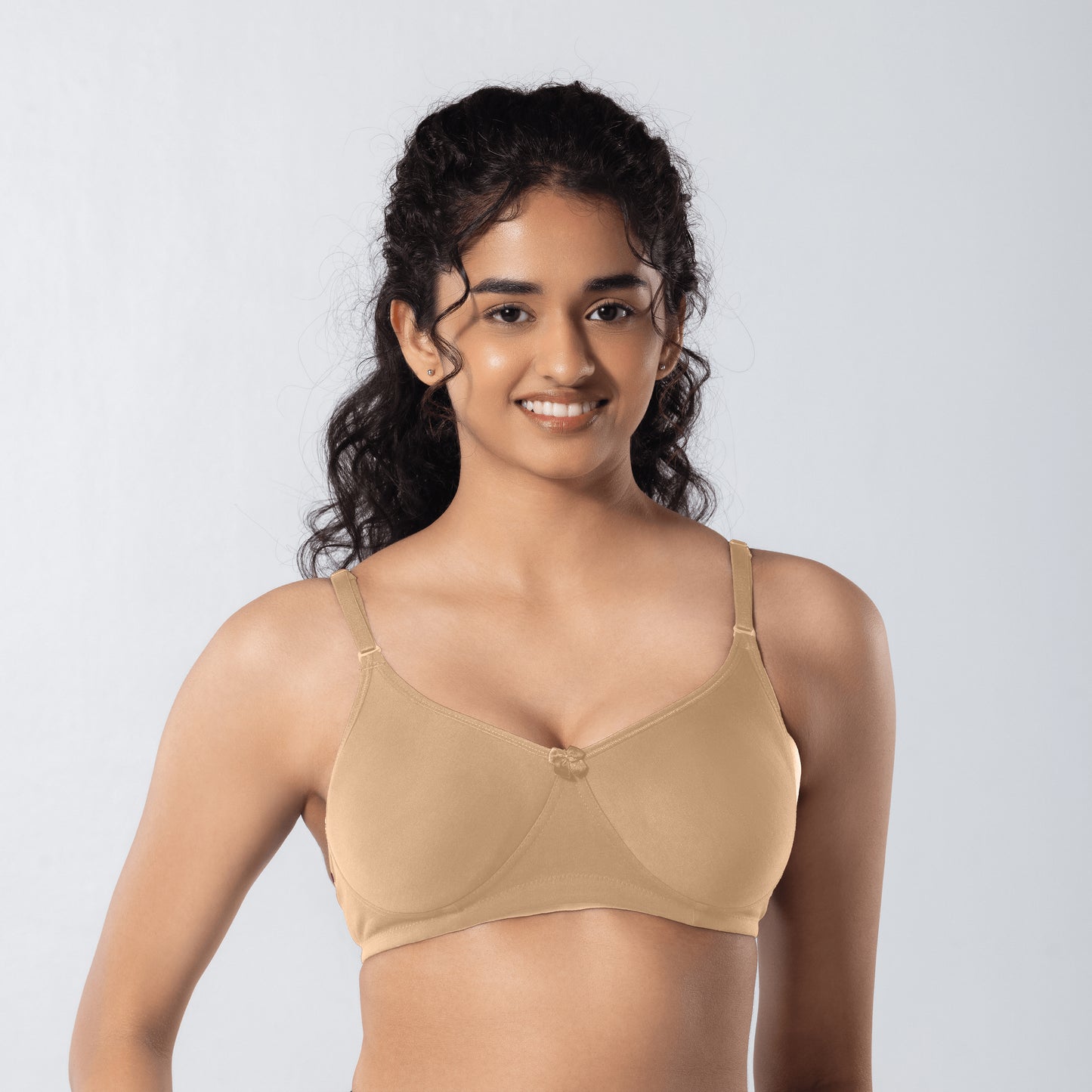 Mabel Soft Padded Bra in Skin front view worn by model.