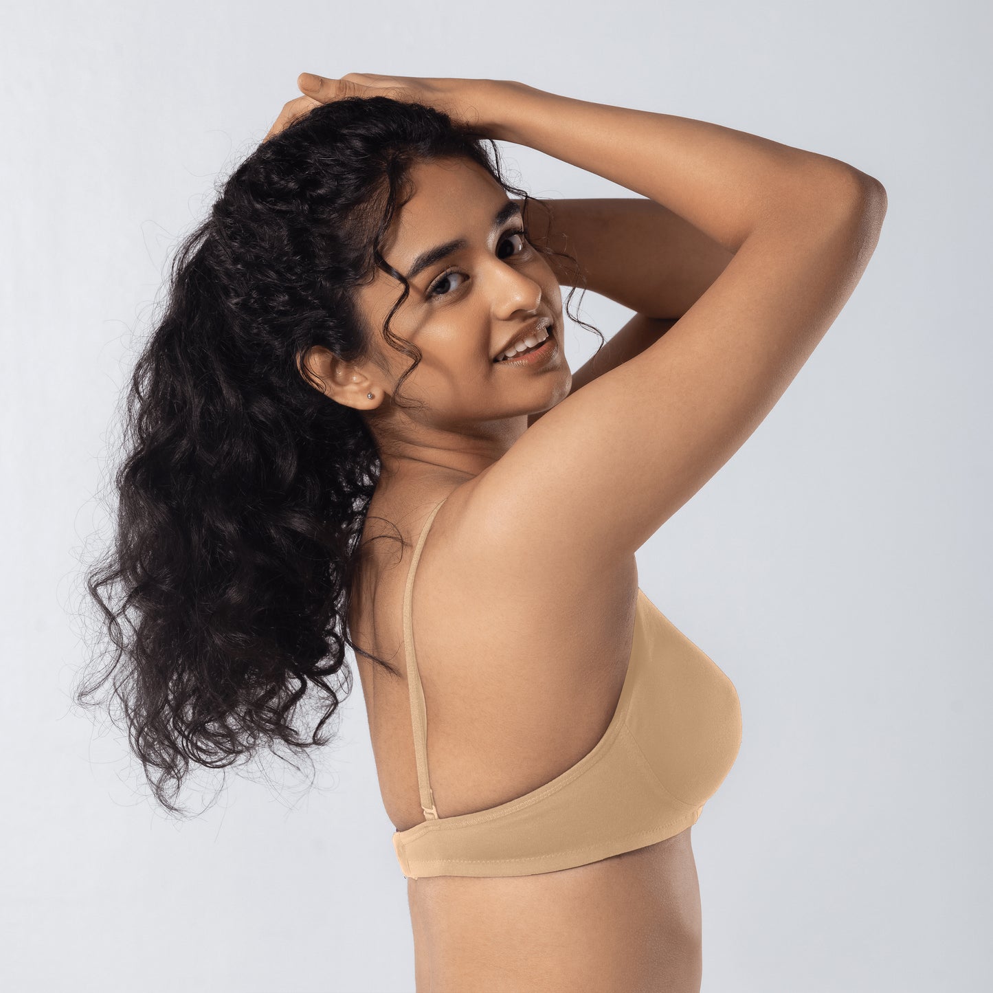 Mabel Soft Padded Bra in Skin side-back view worn by model.