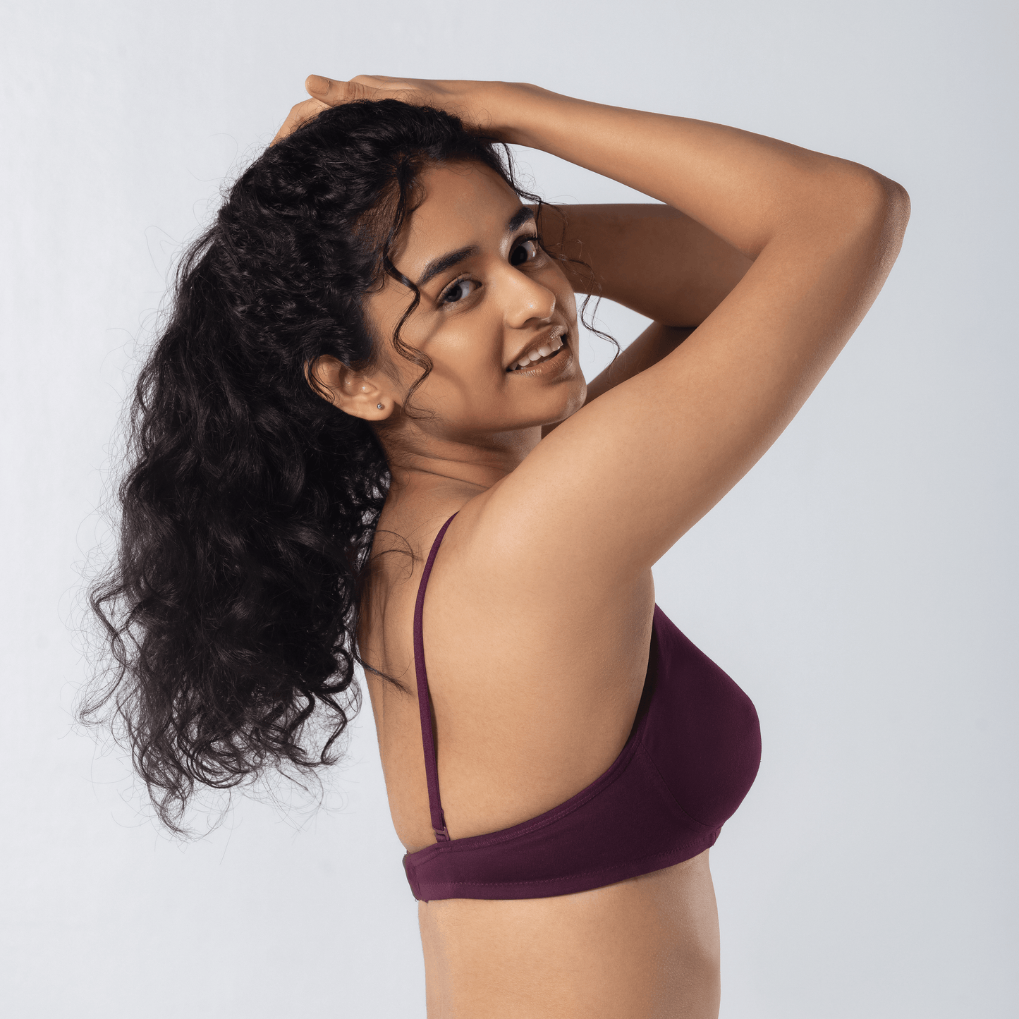 Mabel Soft Padded Bra in Wine side-back view worn by model.