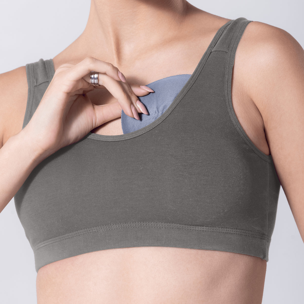 LadyO Hazel Sports Padded Bra in Grey, close-up view.