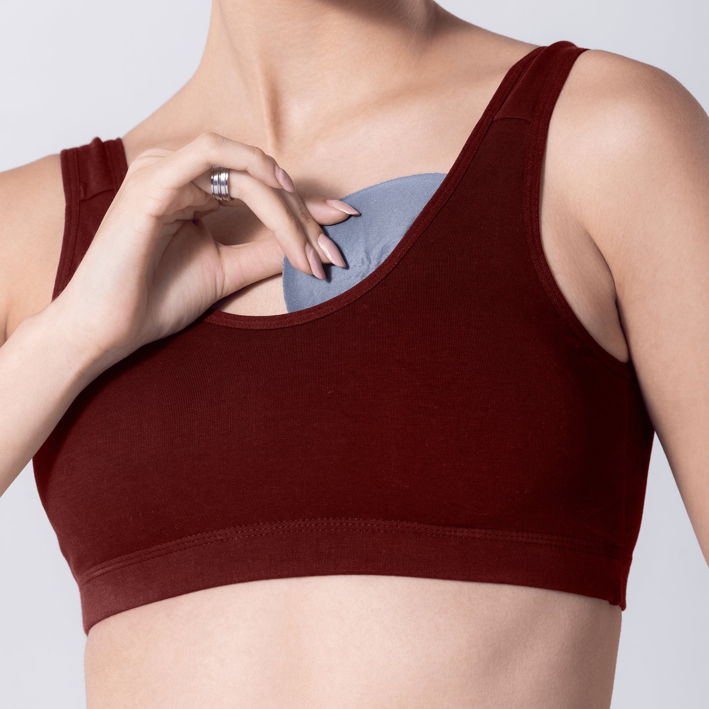 LadyO Hazel Sports Padded Bra in Maroon, close-up view.