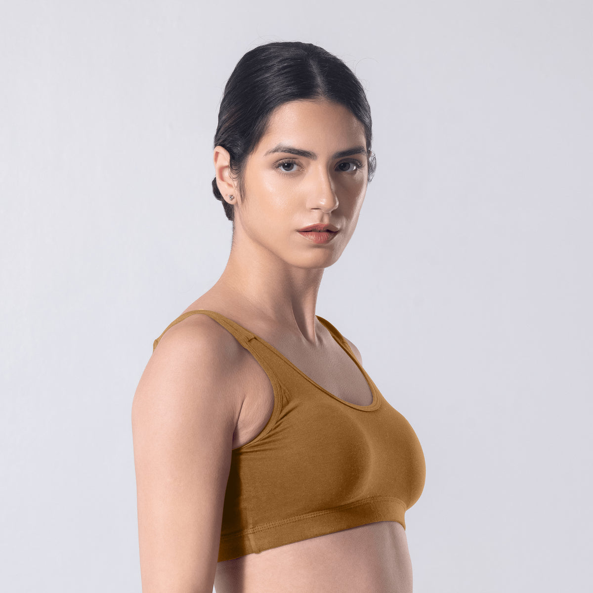 LadyO Hazel Sports Padded Bra in Skin, side view worn by model.