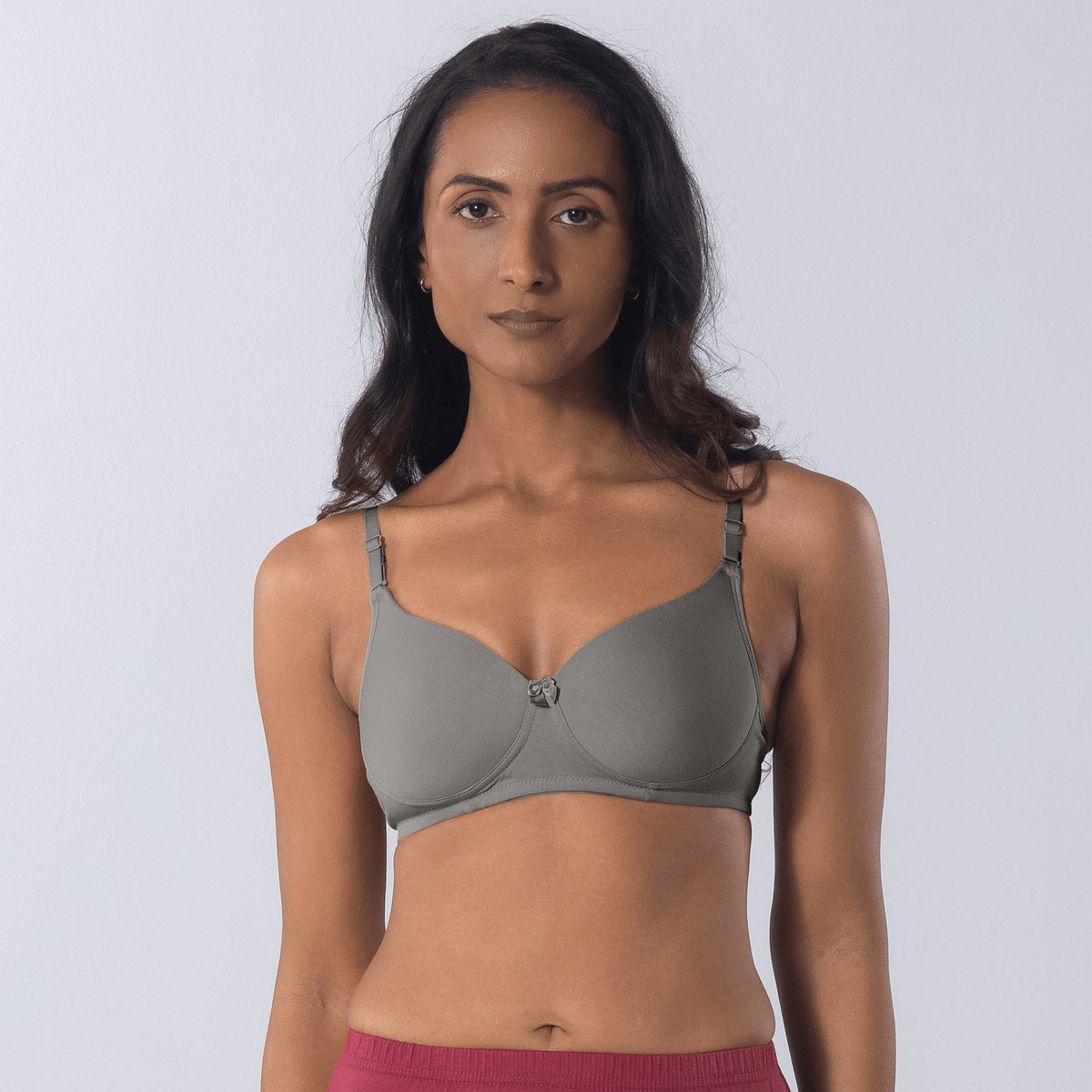 LadyO Stella Full Padded Bra in Grey, back view worn by model.