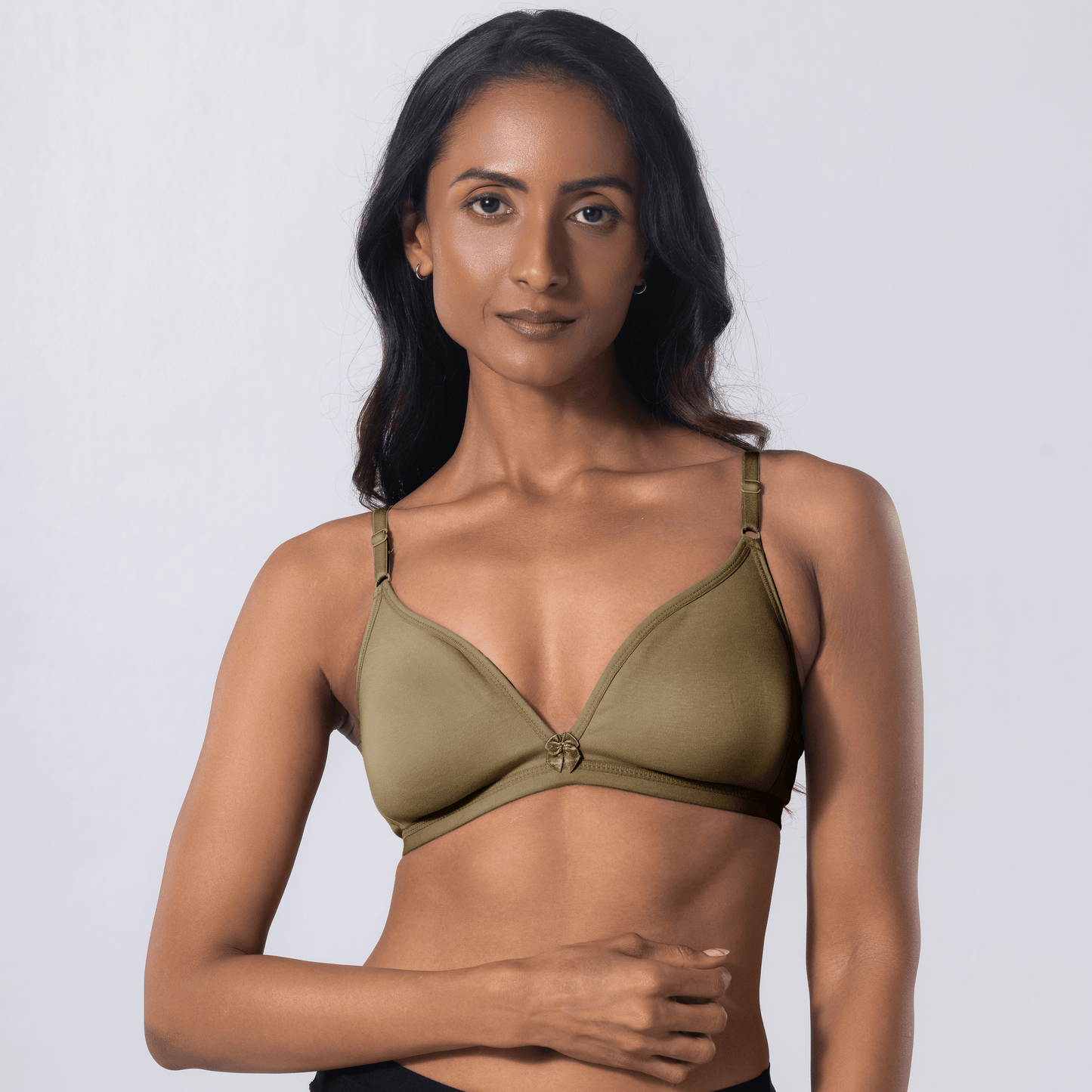Lara Teenage/T Shirt Bra in Dark Cream, front view worn by model.