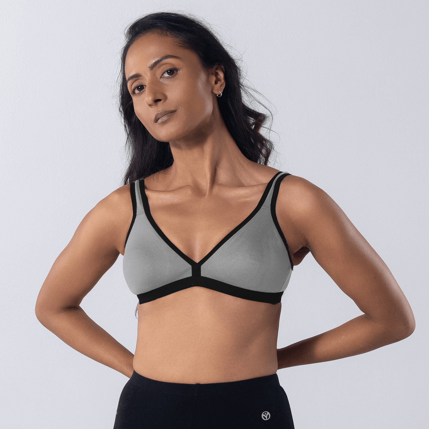 Grace Trendy Bra in Grey Melange, front view worn by model.