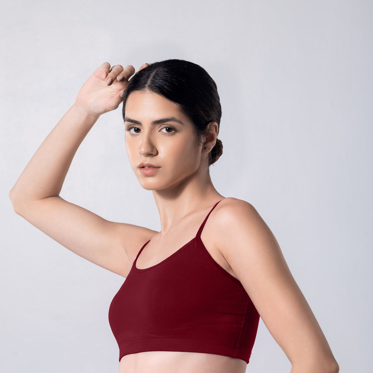 Blush Trendy Top Bra in Maroon, side view worn by model.