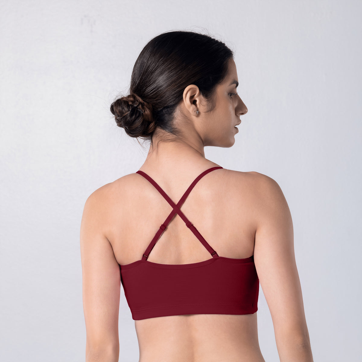 Blush Trendy Top Bra in Maroon, X-back view worn by model.