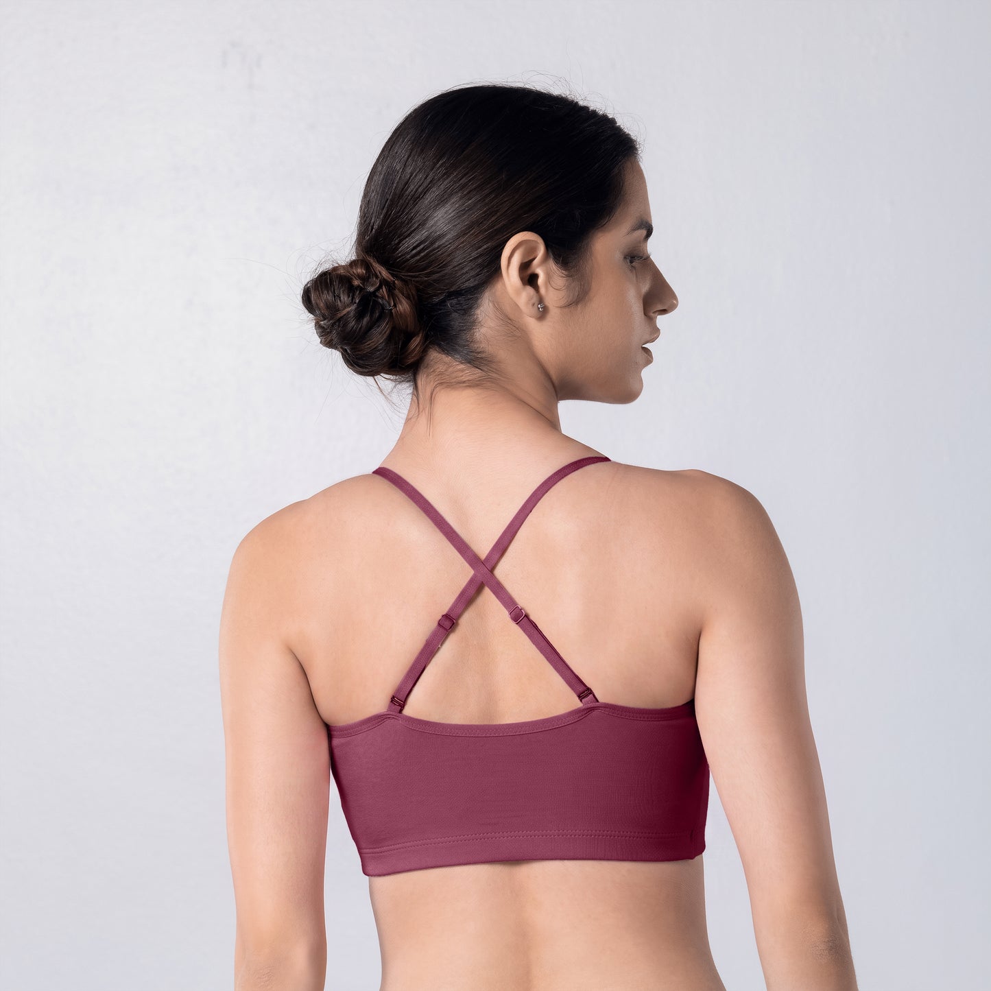 Blush Trendy Top Bra in Onion, X-back view worn by model.