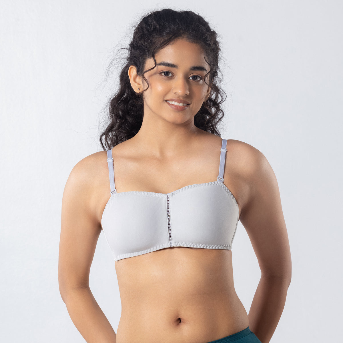 LadyO Jaz Trendy Top Bra in Grey with solid straps, front view worn by model.