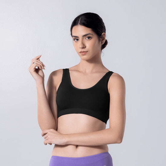 LadyO Cool Active Bra in Black, front view worn by model.