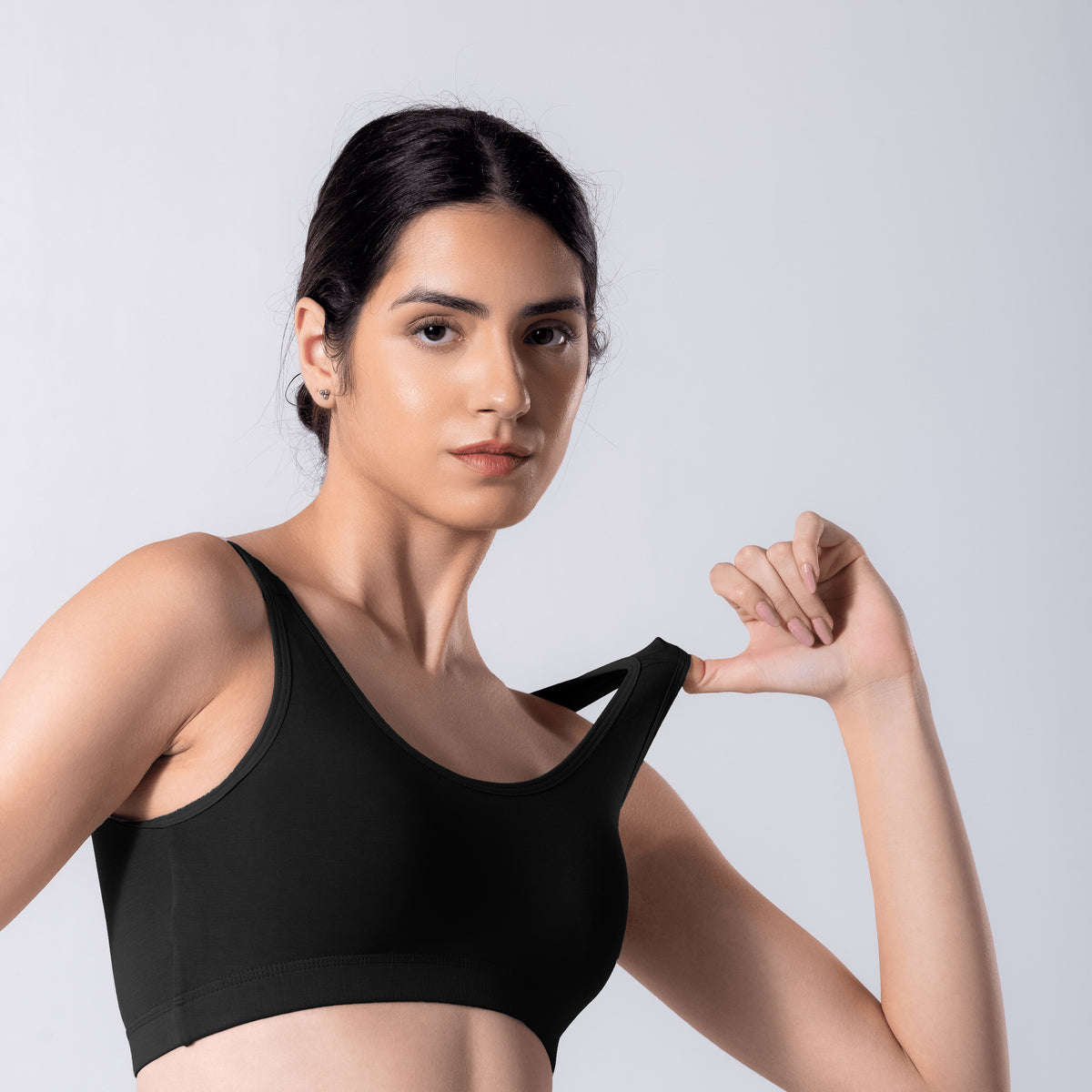 LadyO Cool Active Bra in Black, detail view worn by model.