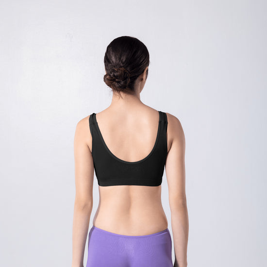 LadyO Cool Active Bra in Black, back view worn by model.