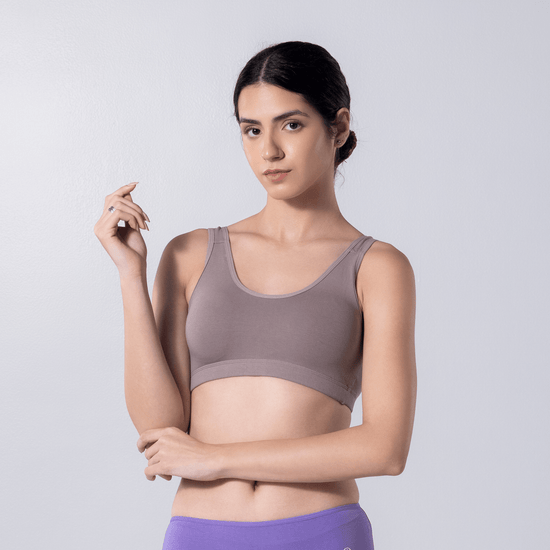 LadyO Cool Active Bra in Grey, front view worn by model.