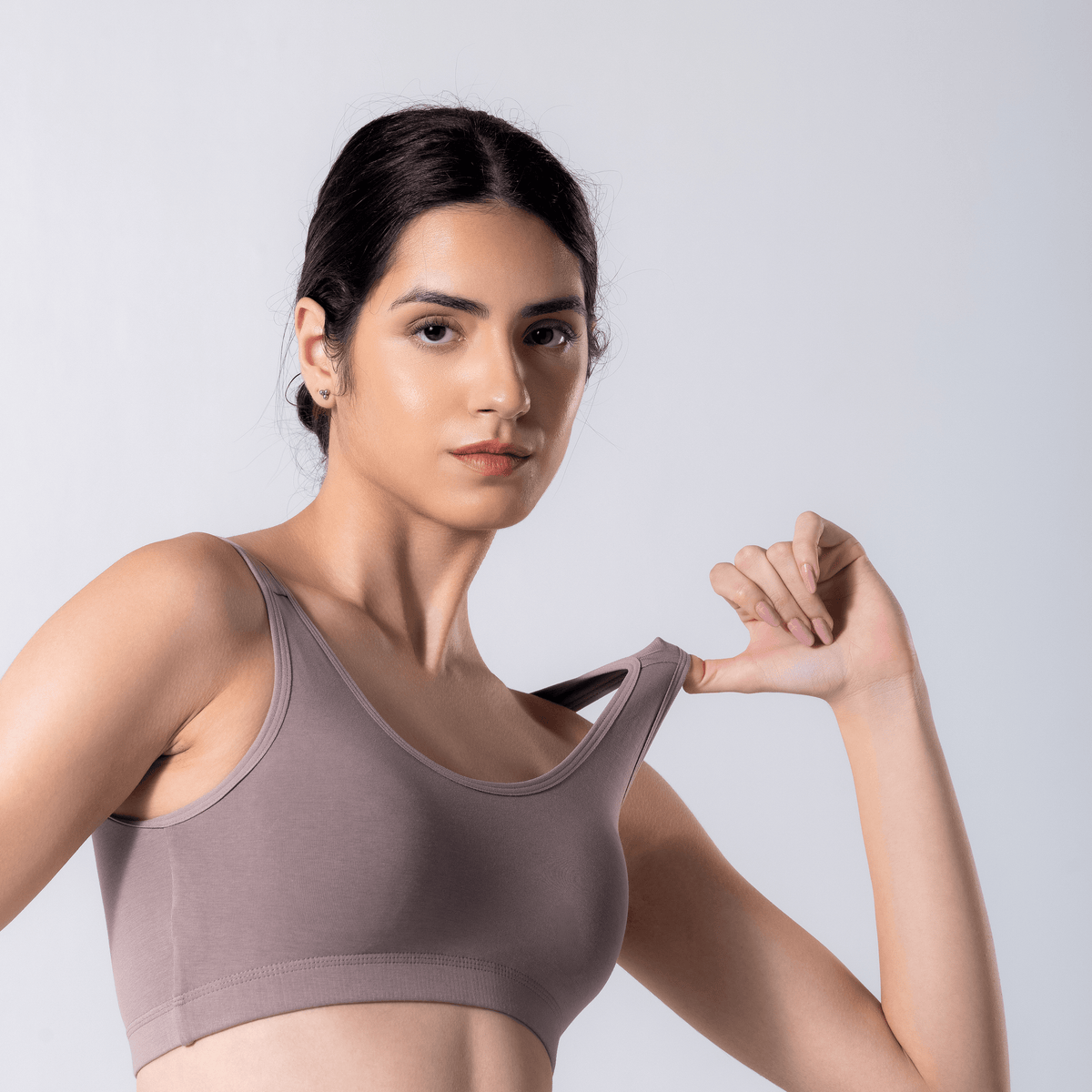 LadyO Cool Active Bra in Grey, detail view worn by model.