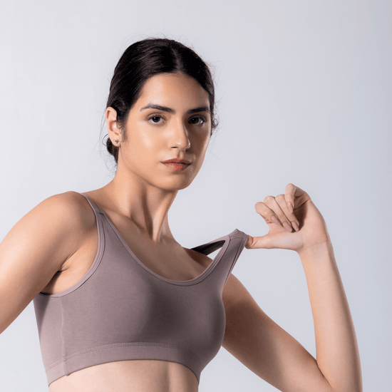 LadyO Cool Active Bra in Grey, detail view worn by model.