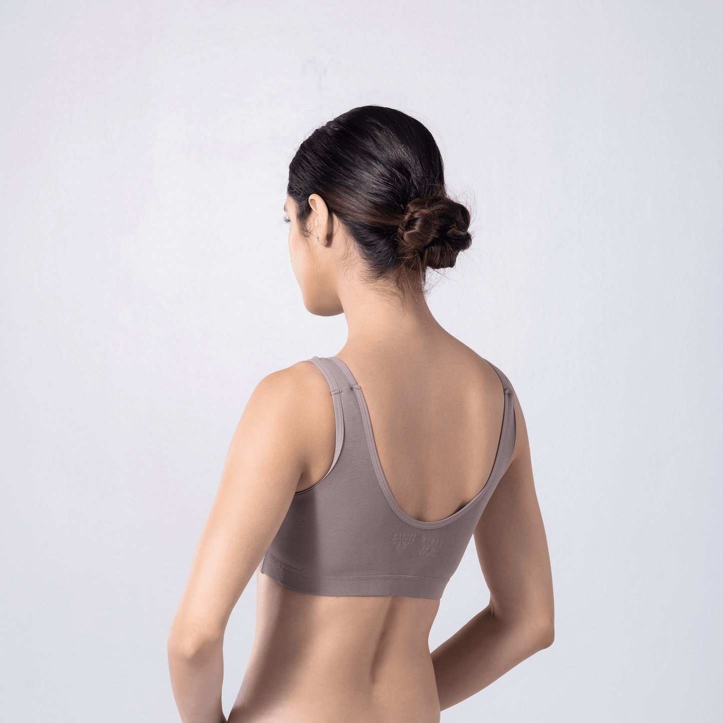 LadyO Cool Active Bra in Grey, three-quarter back view worn by model.