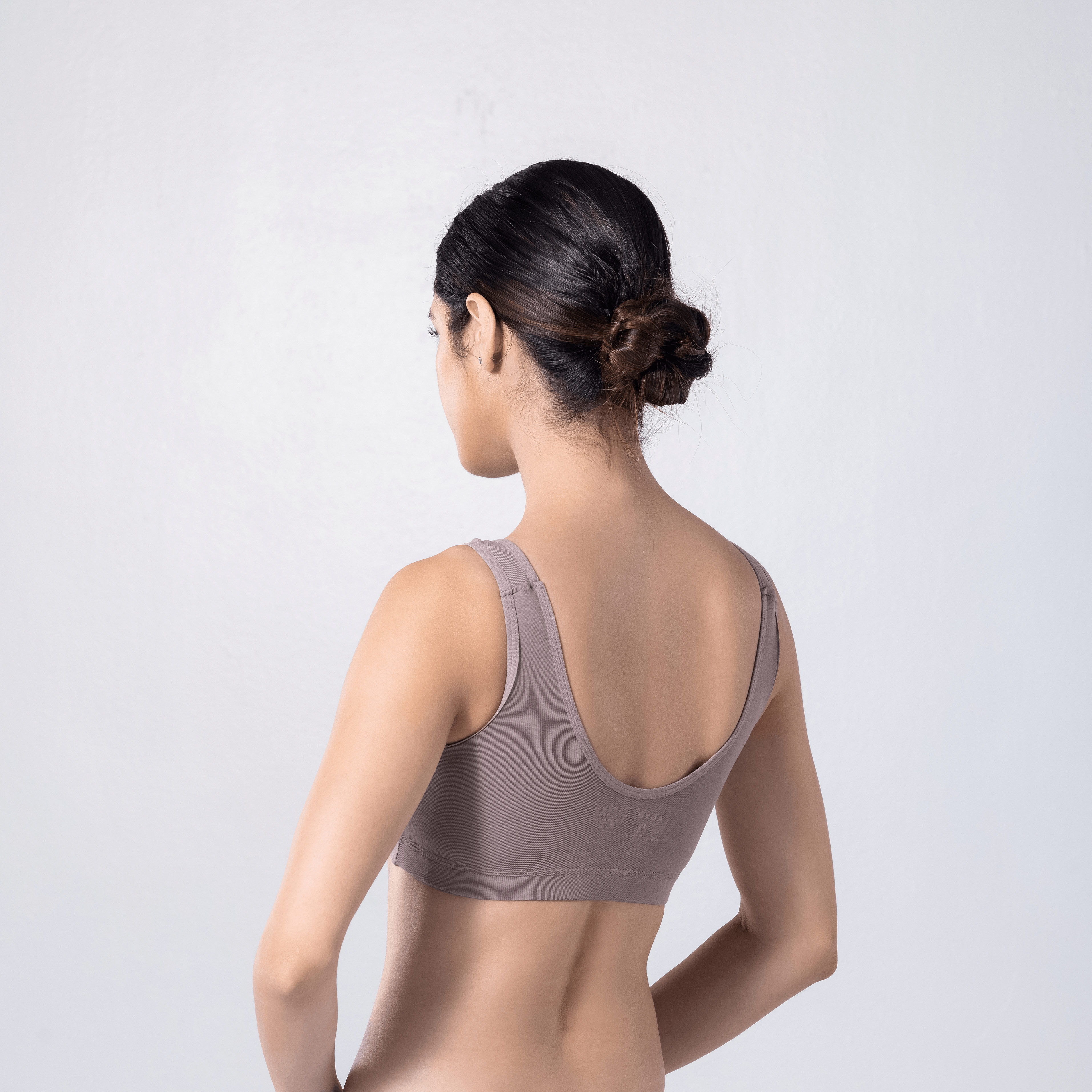 LadyO Cool Active Bra in Grey, three-quarter back view worn by model.