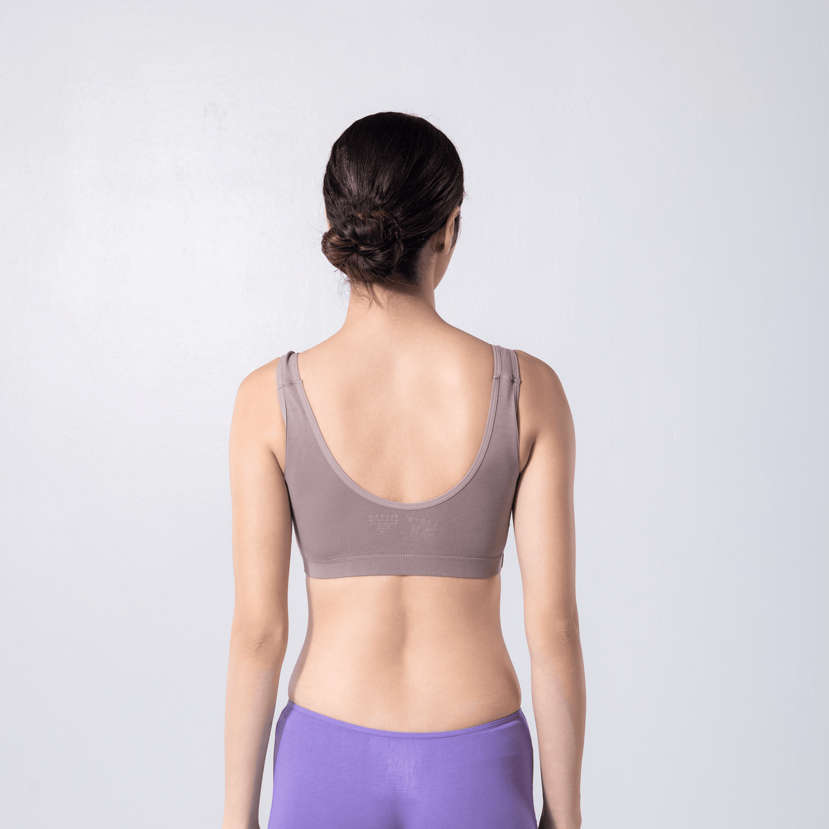 LadyO Cool Active Bra in Grey, back view worn by model.